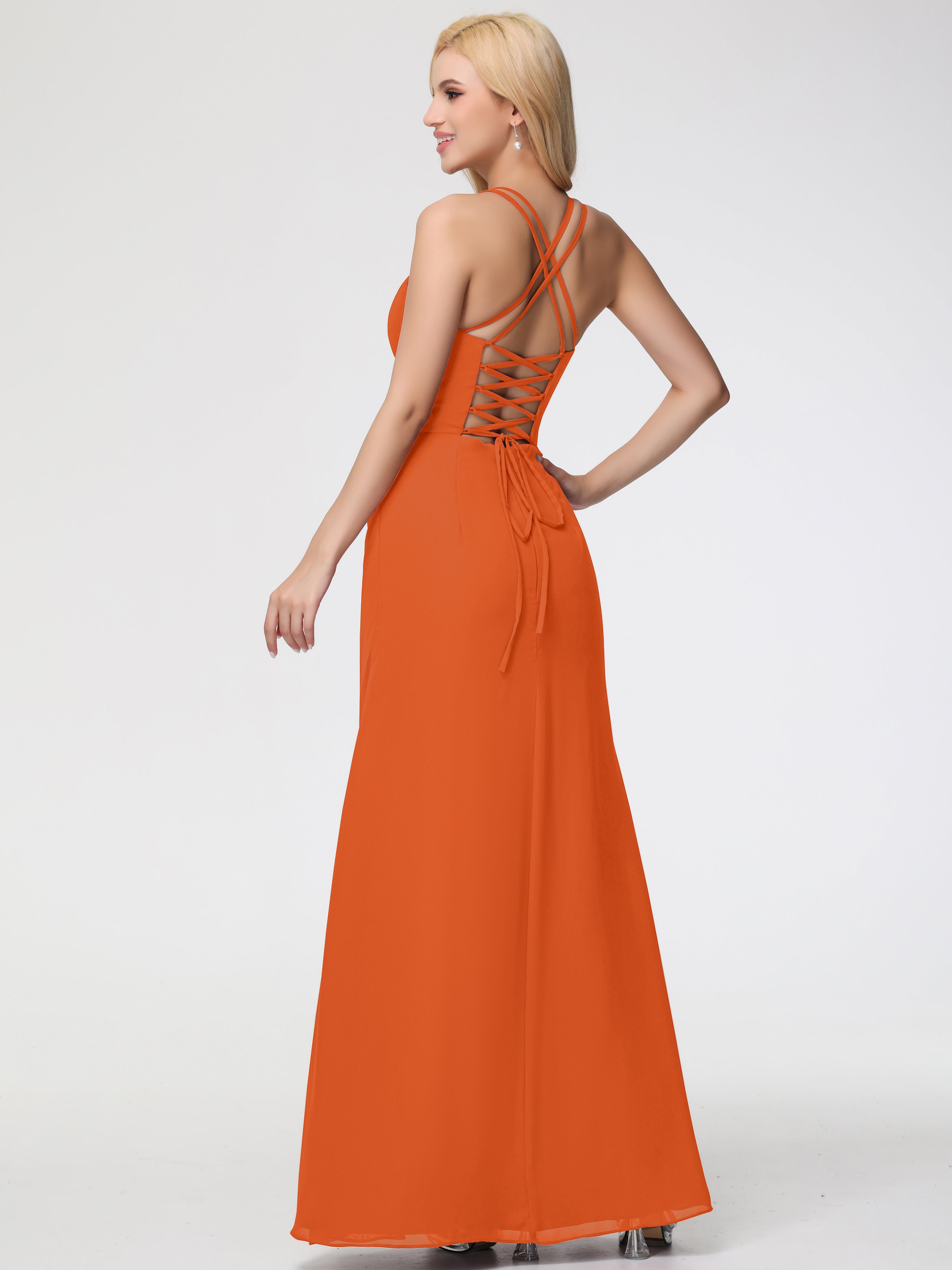 Spaghetti Straps Sheath/Column Long Chiffon Bridesmaid Dresses With Split