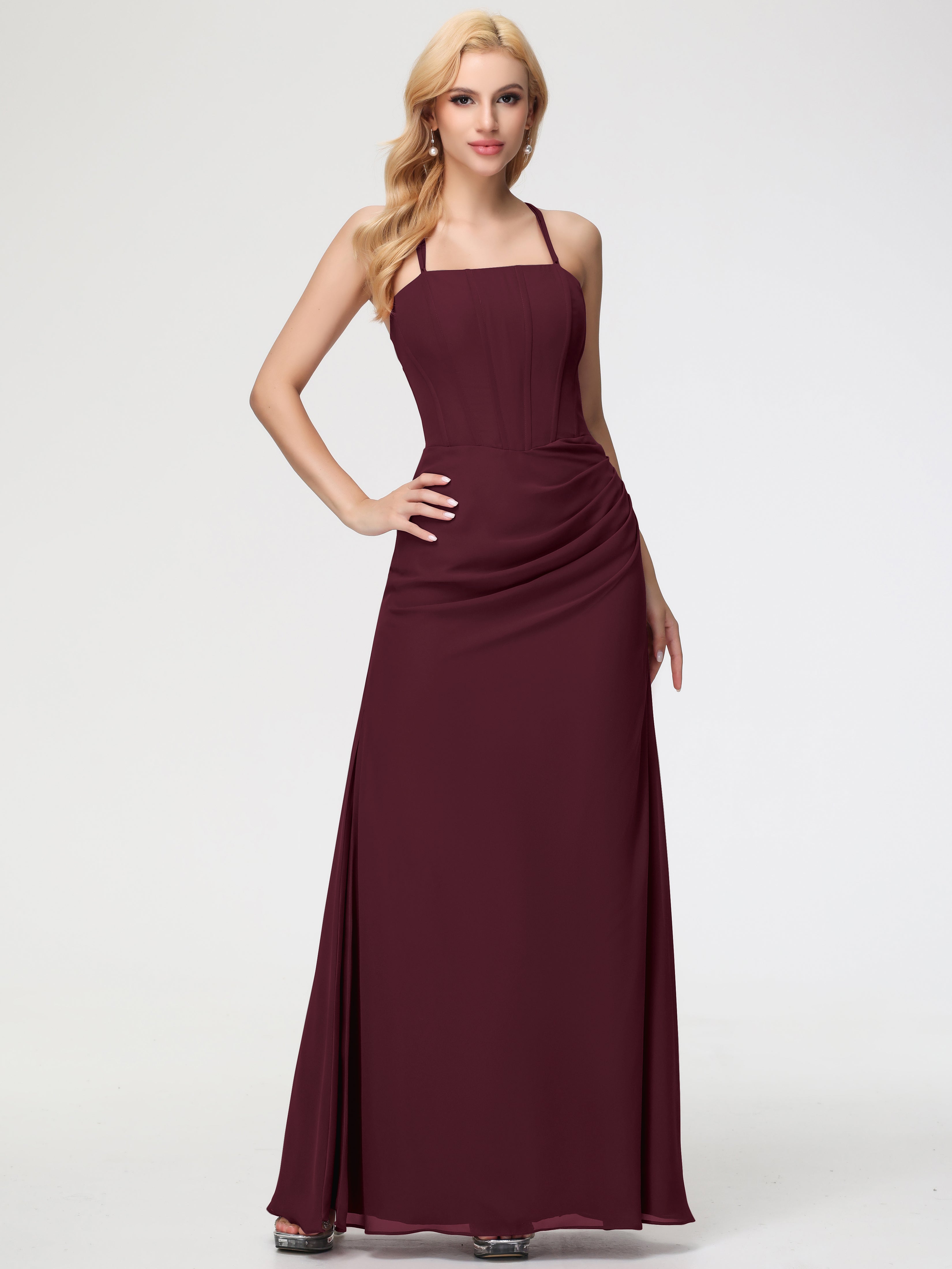 Spaghetti Straps Sheath/Column Long Chiffon Bridesmaid Dresses With Split