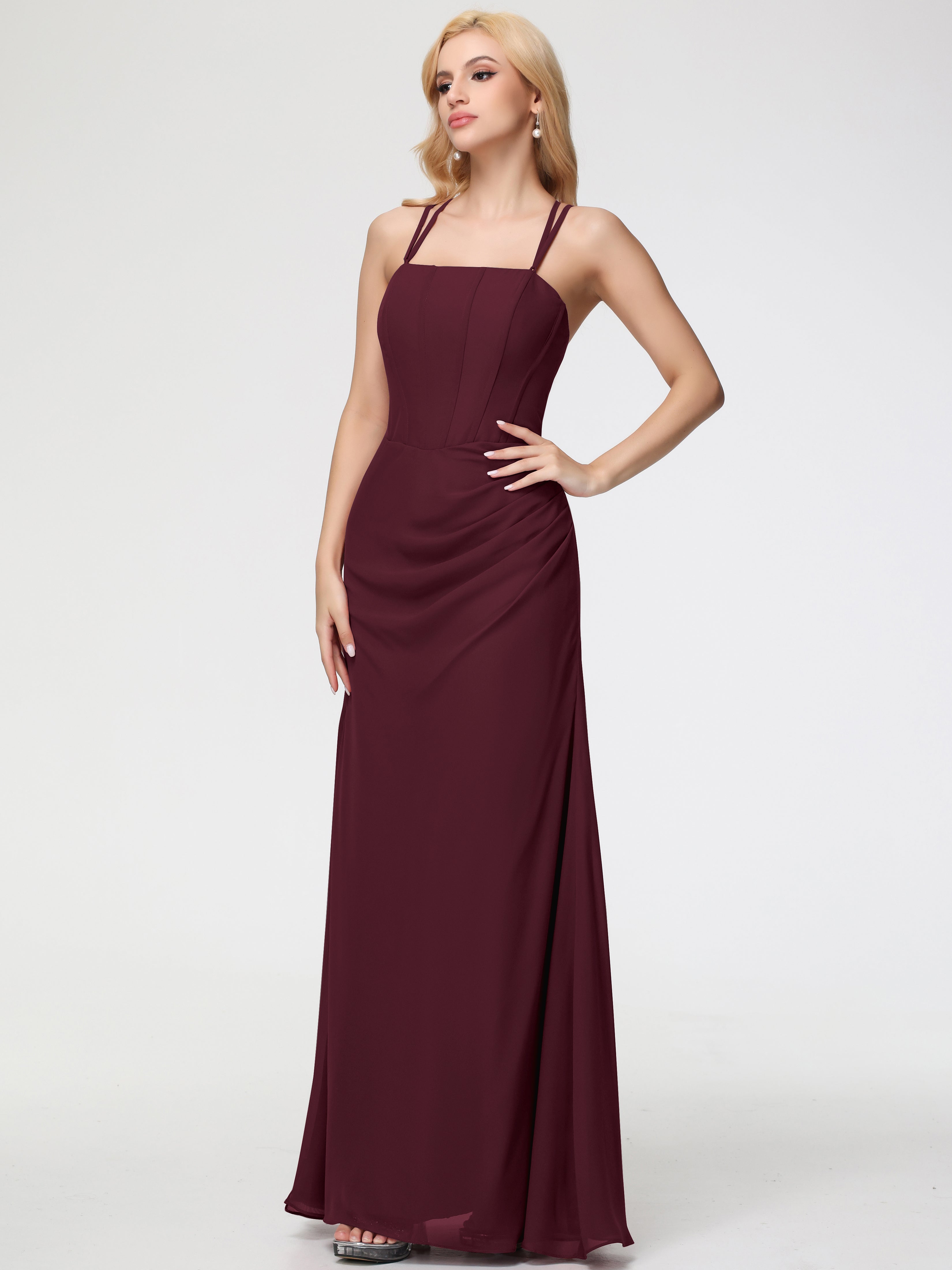 Spaghetti Straps Sheath/Column Long Chiffon Bridesmaid Dresses With Split