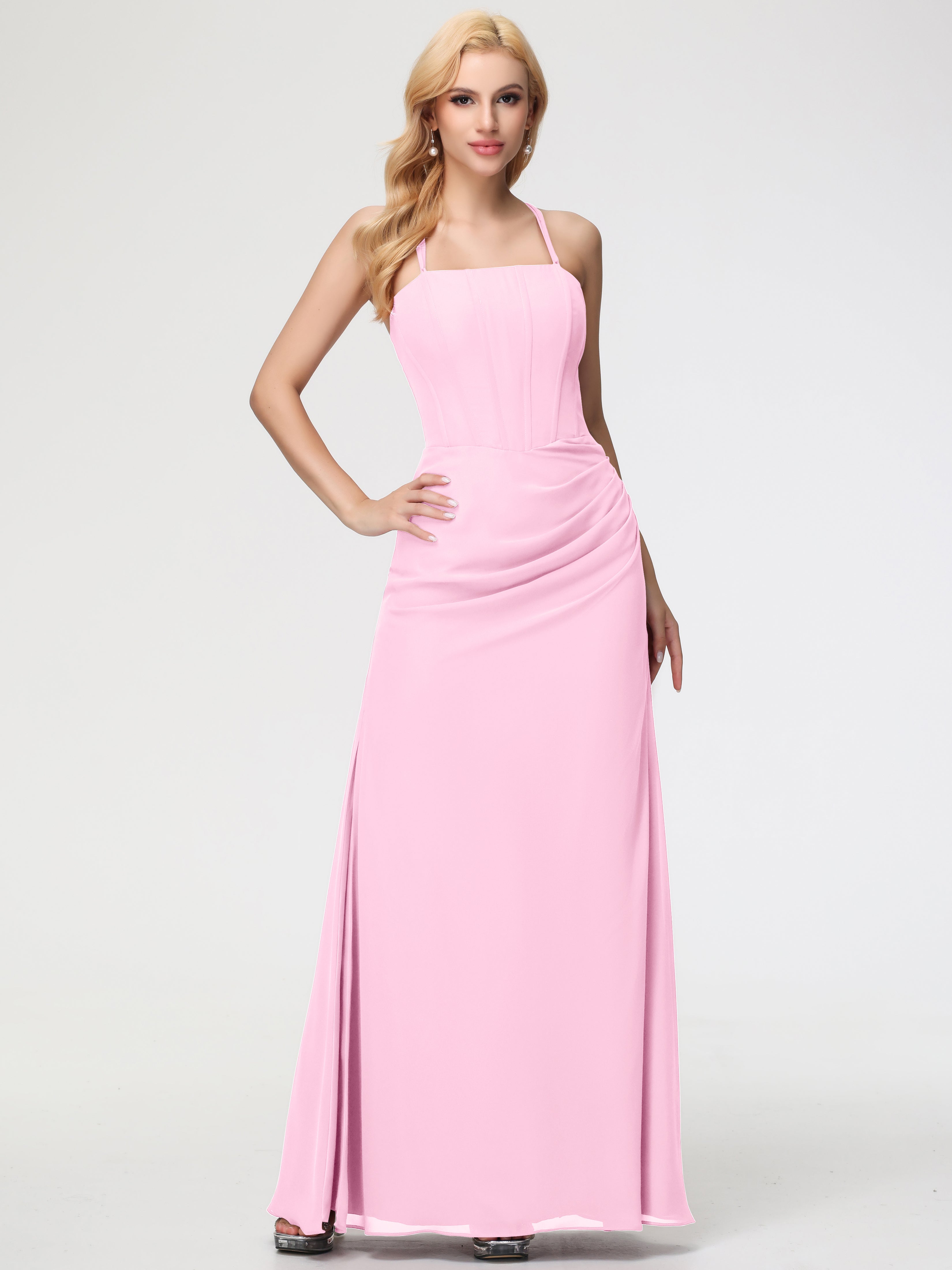 Spaghetti Straps Sheath/Column Long Chiffon Bridesmaid Dresses With Split