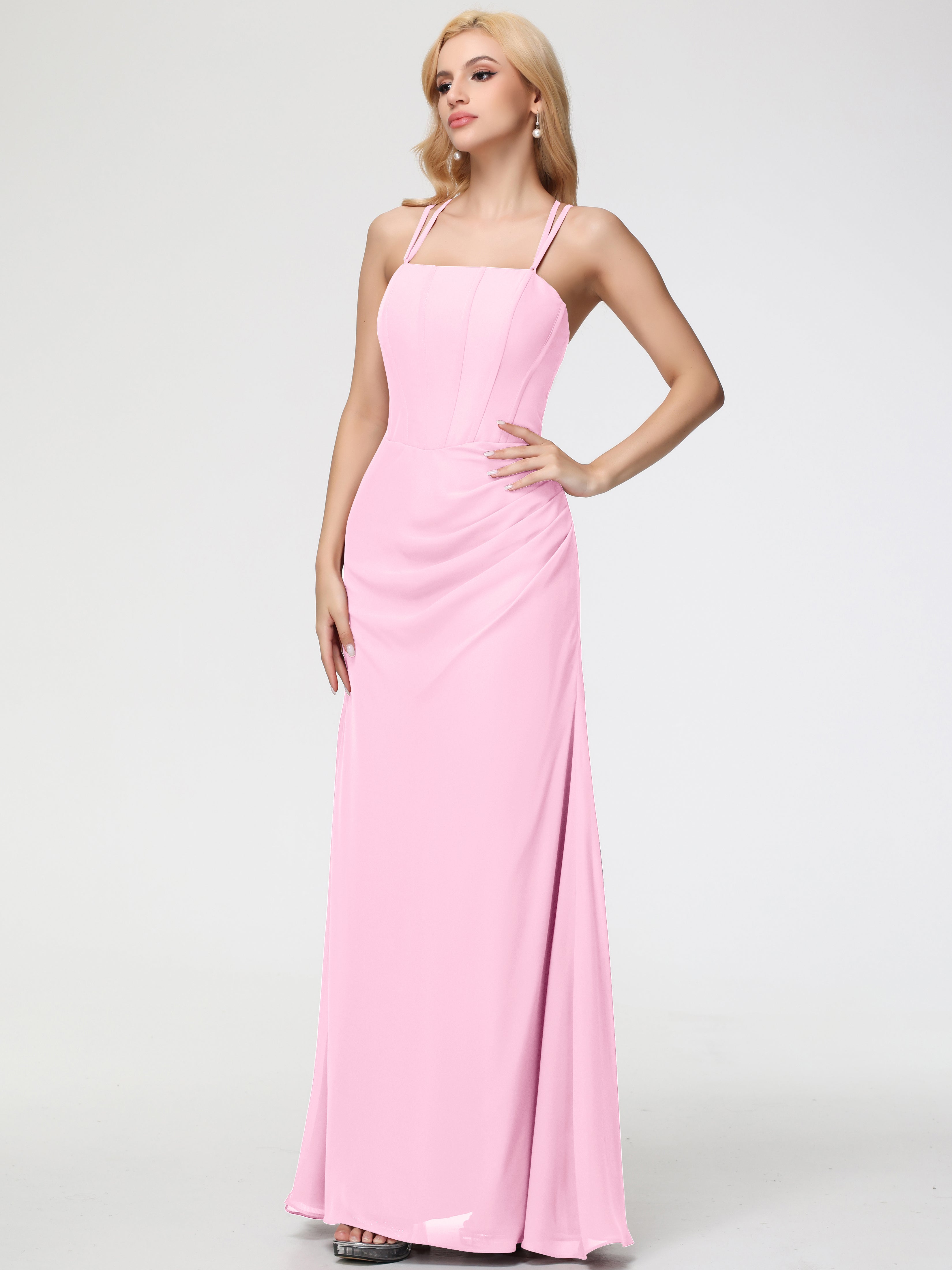 Spaghetti Straps Sheath/Column Long Chiffon Bridesmaid Dresses With Split