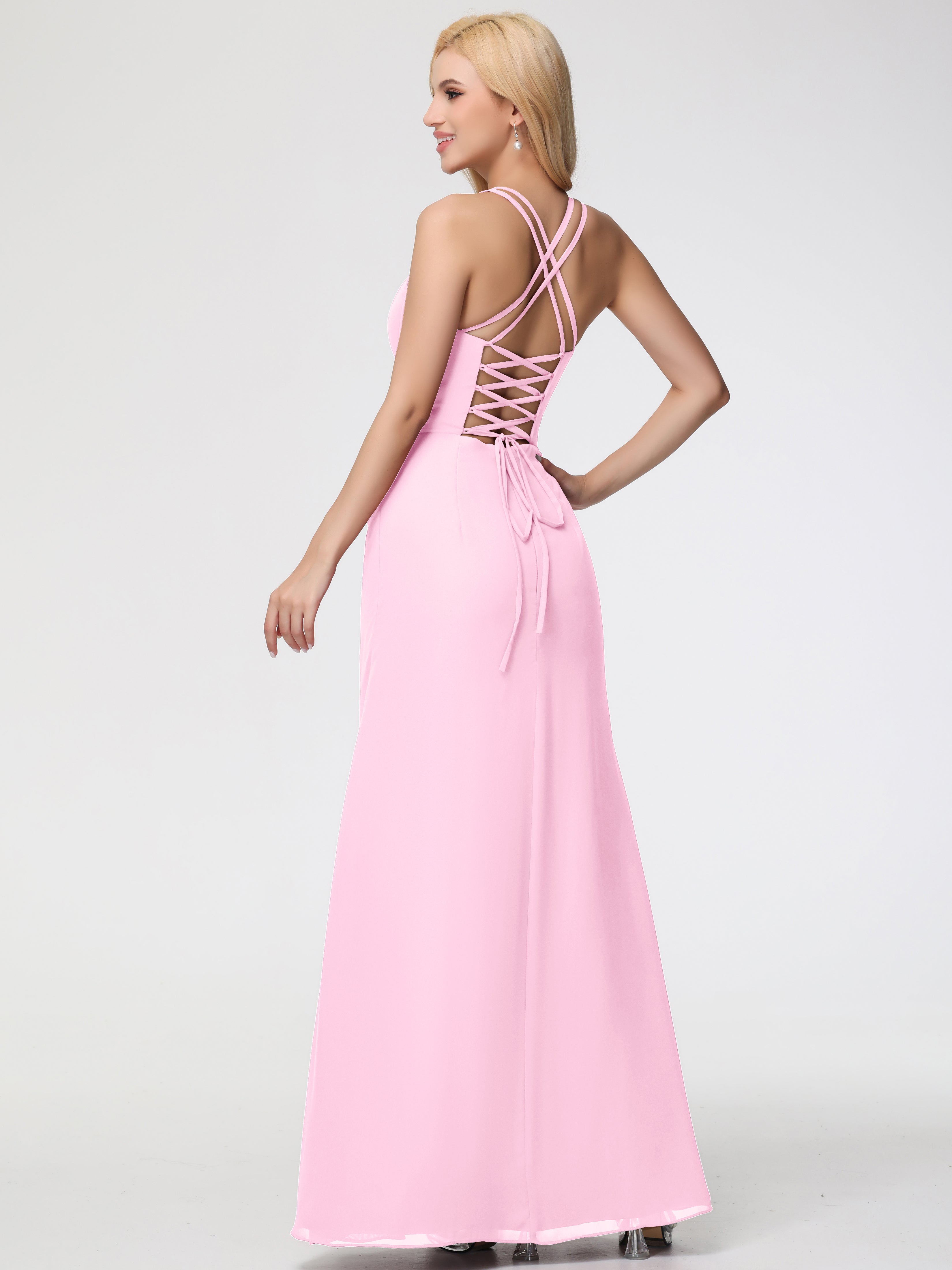 Spaghetti Straps Sheath/Column Long Chiffon Bridesmaid Dresses With Split