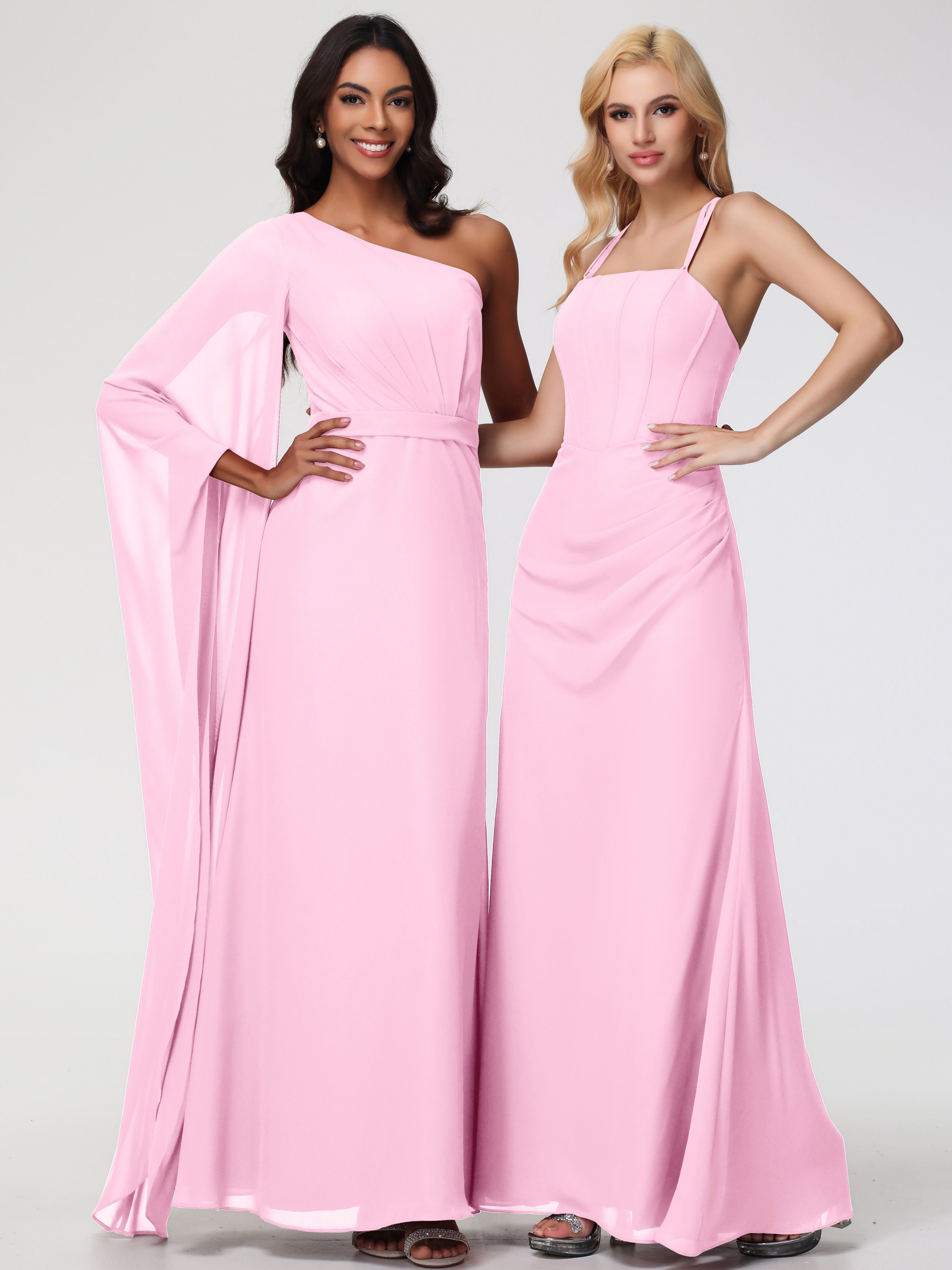 Spaghetti Straps Sheath/Column Long Chiffon Bridesmaid Dresses With Split