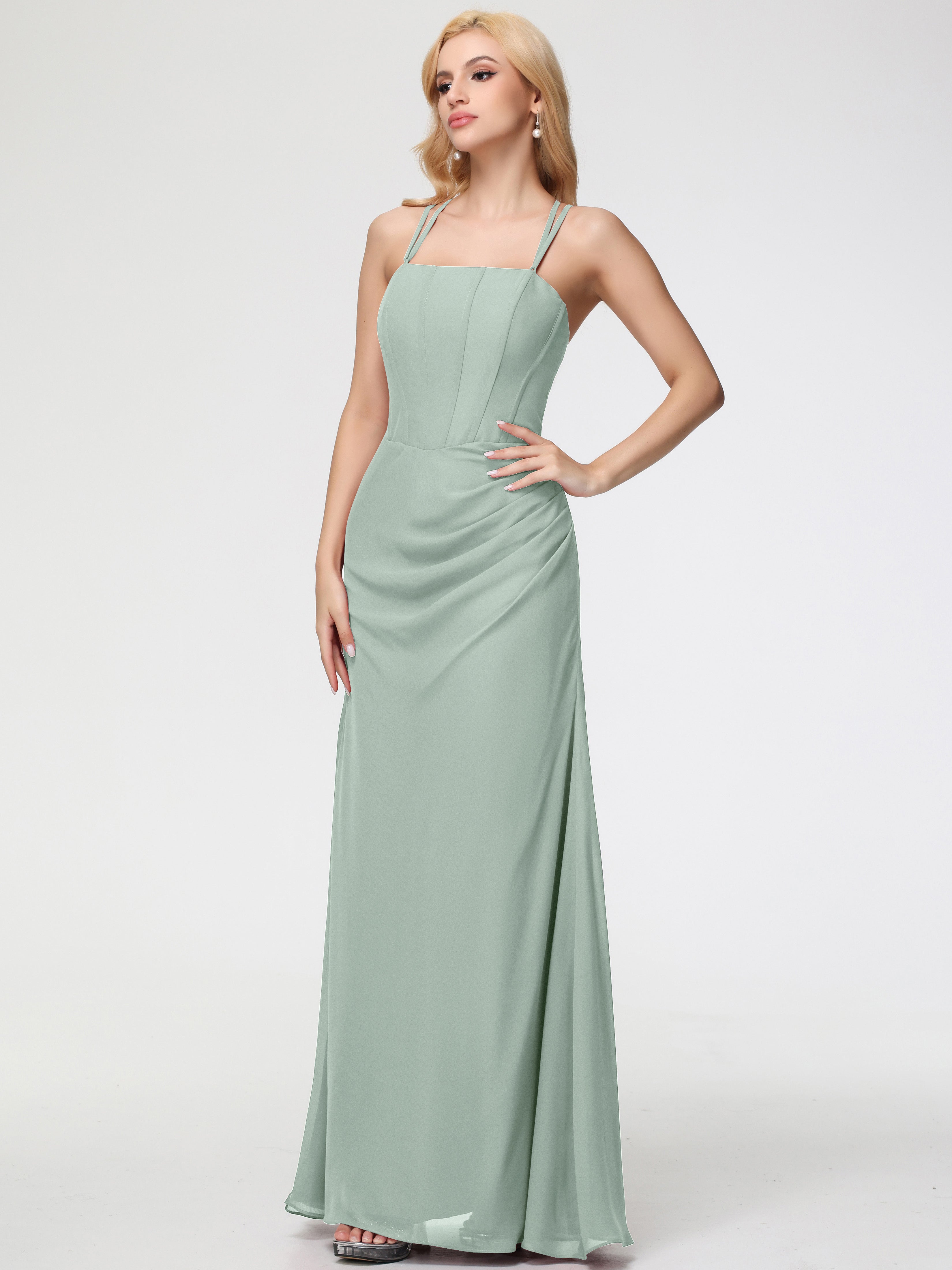 Spaghetti Straps Sheath/Column Long Chiffon Bridesmaid Dresses With Split