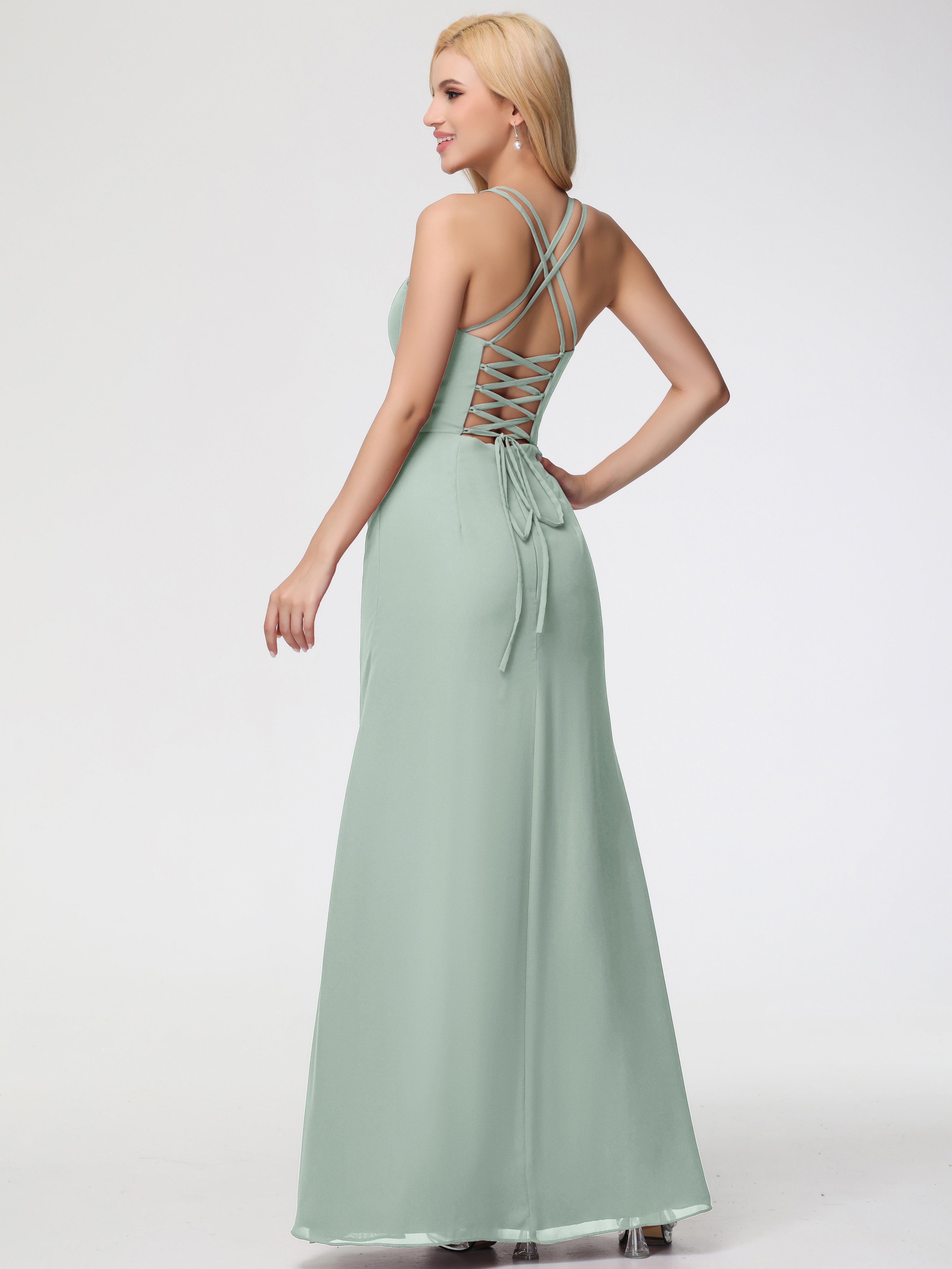 Spaghetti Straps Sheath/Column Long Chiffon Bridesmaid Dresses With Split