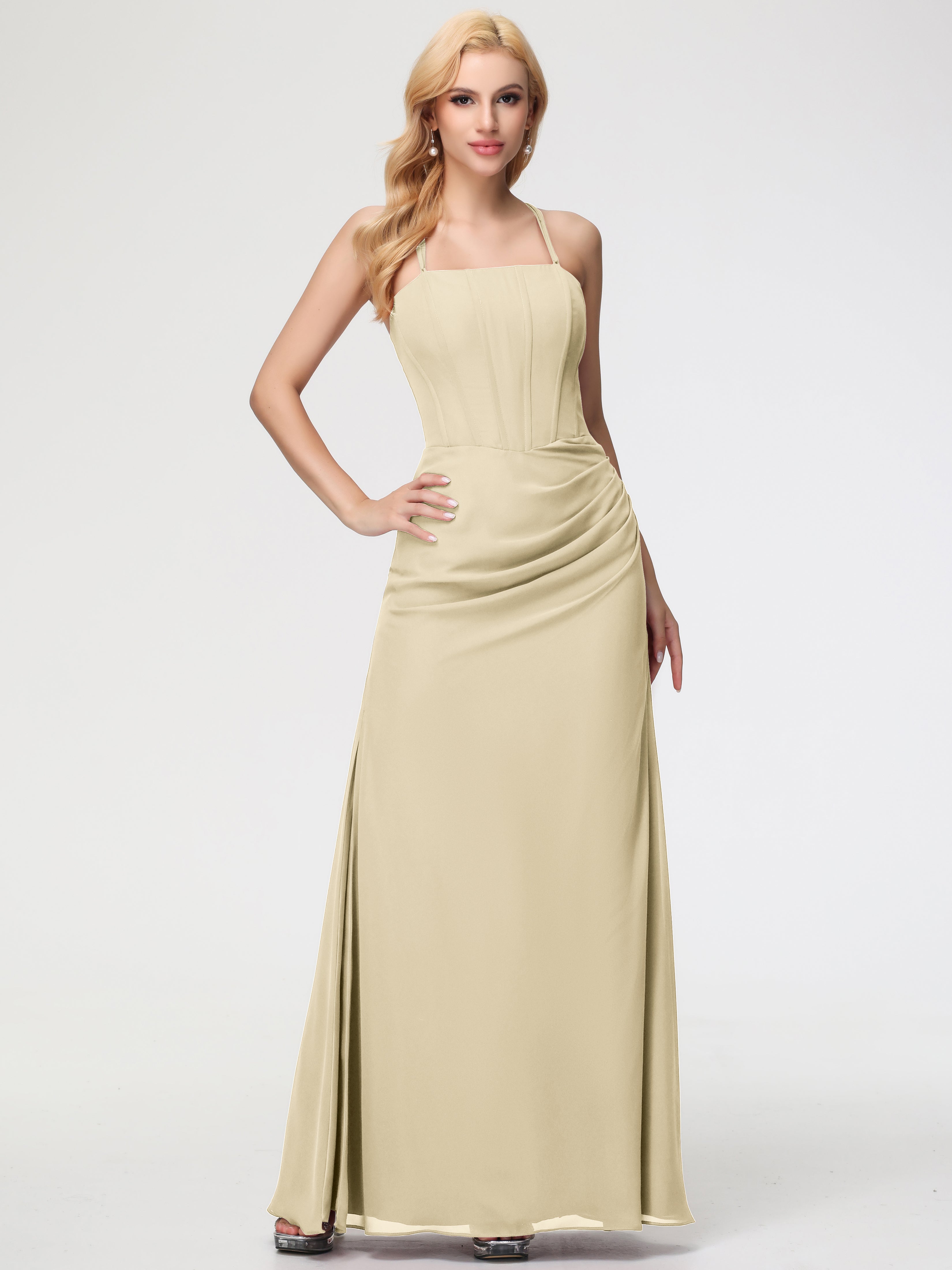 Spaghetti Straps Sheath/Column Long Chiffon Bridesmaid Dresses With Split