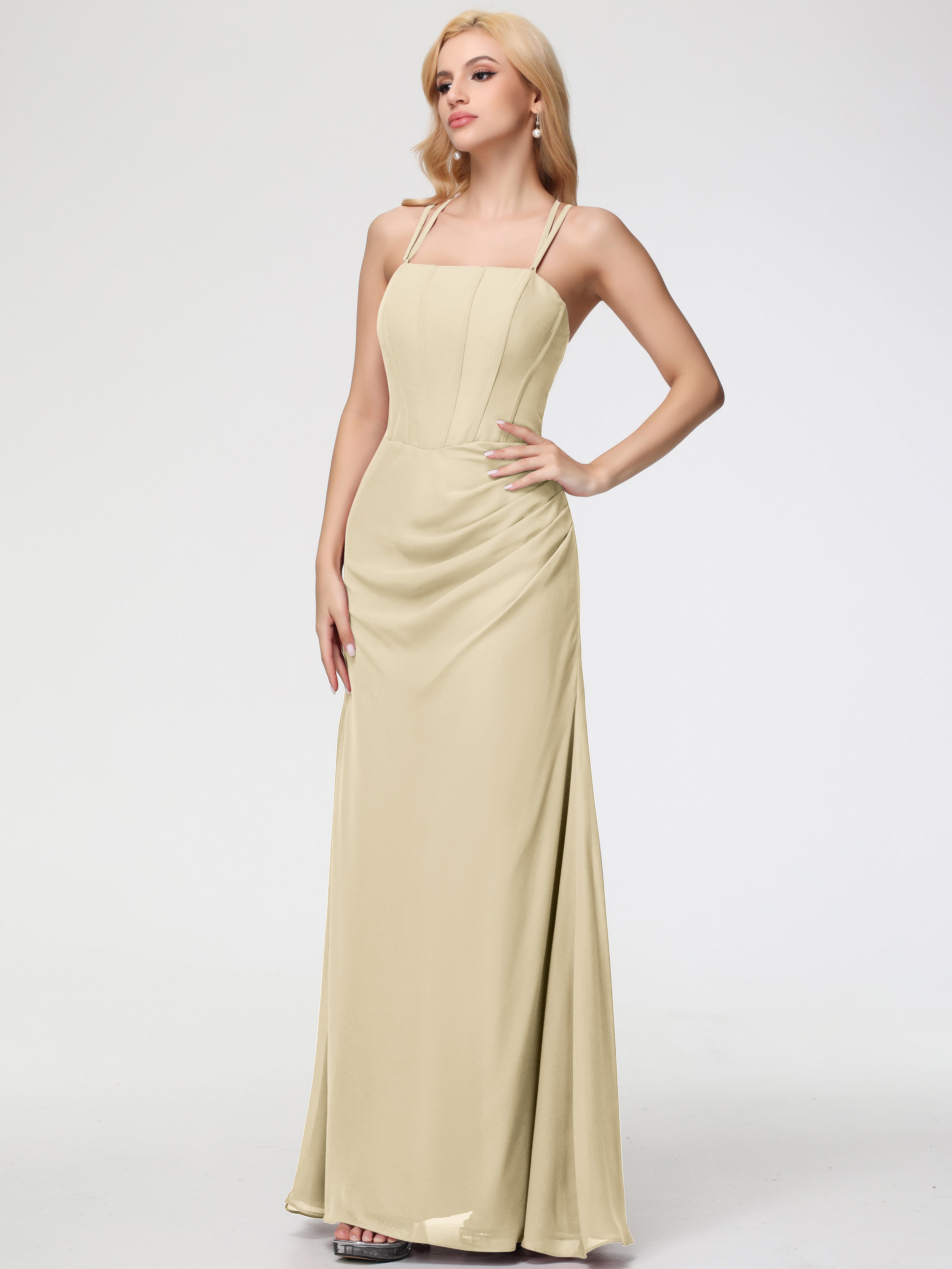 Spaghetti Straps Sheath/Column Long Chiffon Bridesmaid Dresses With Split