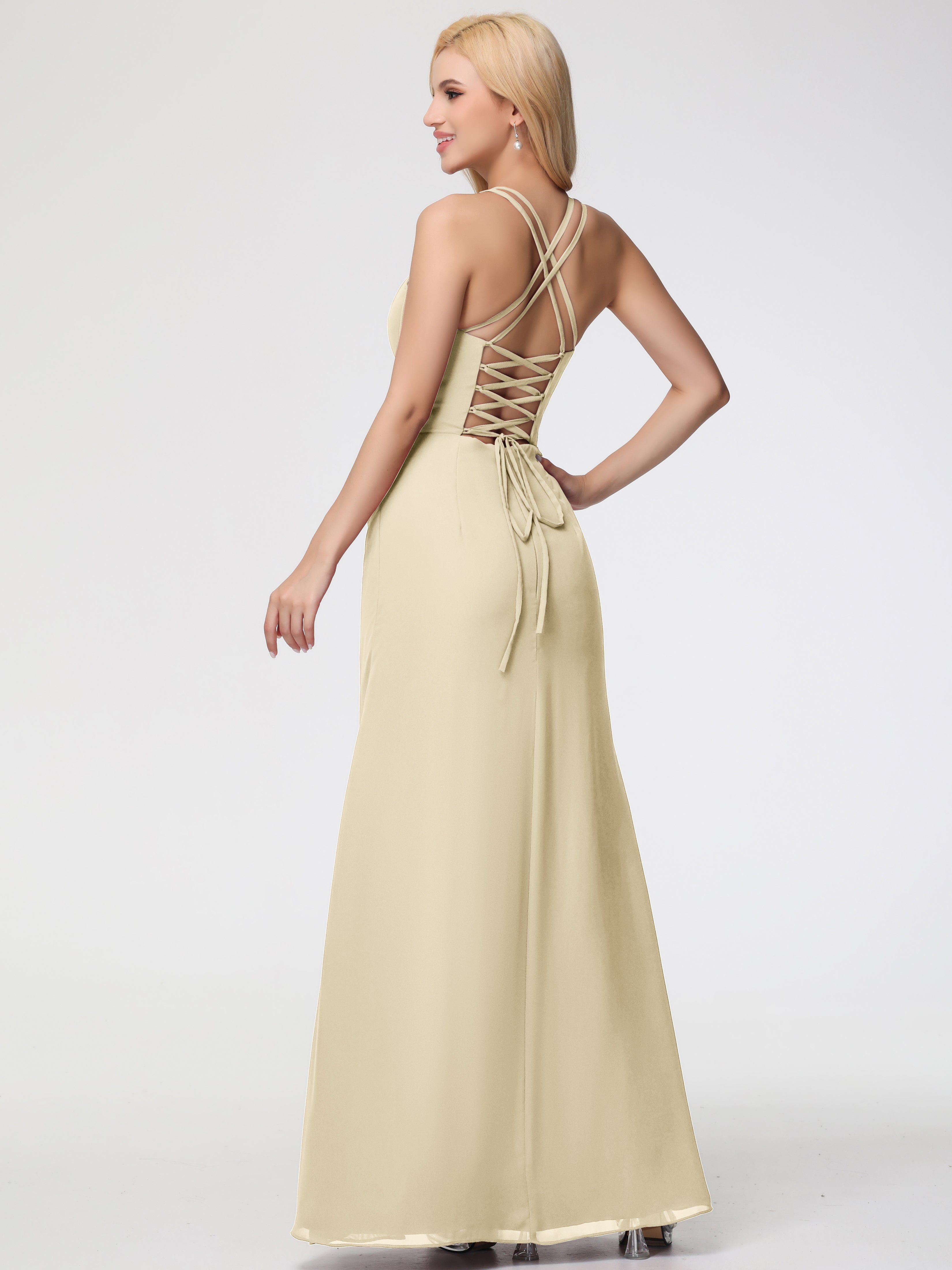Spaghetti Straps Sheath/Column Long Chiffon Bridesmaid Dresses With Split