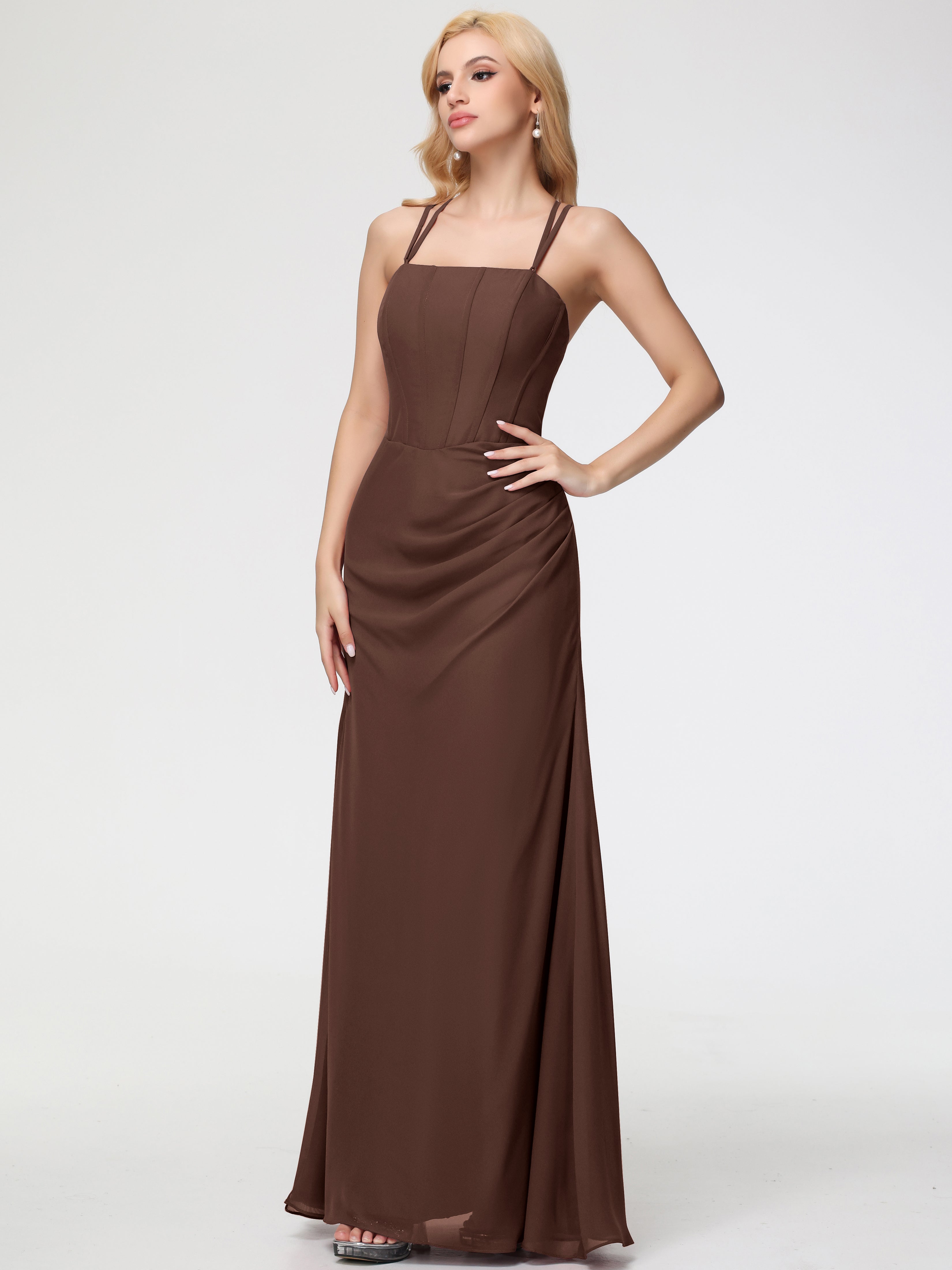 Spaghetti Straps Sheath/Column Long Chiffon Bridesmaid Dresses With Split