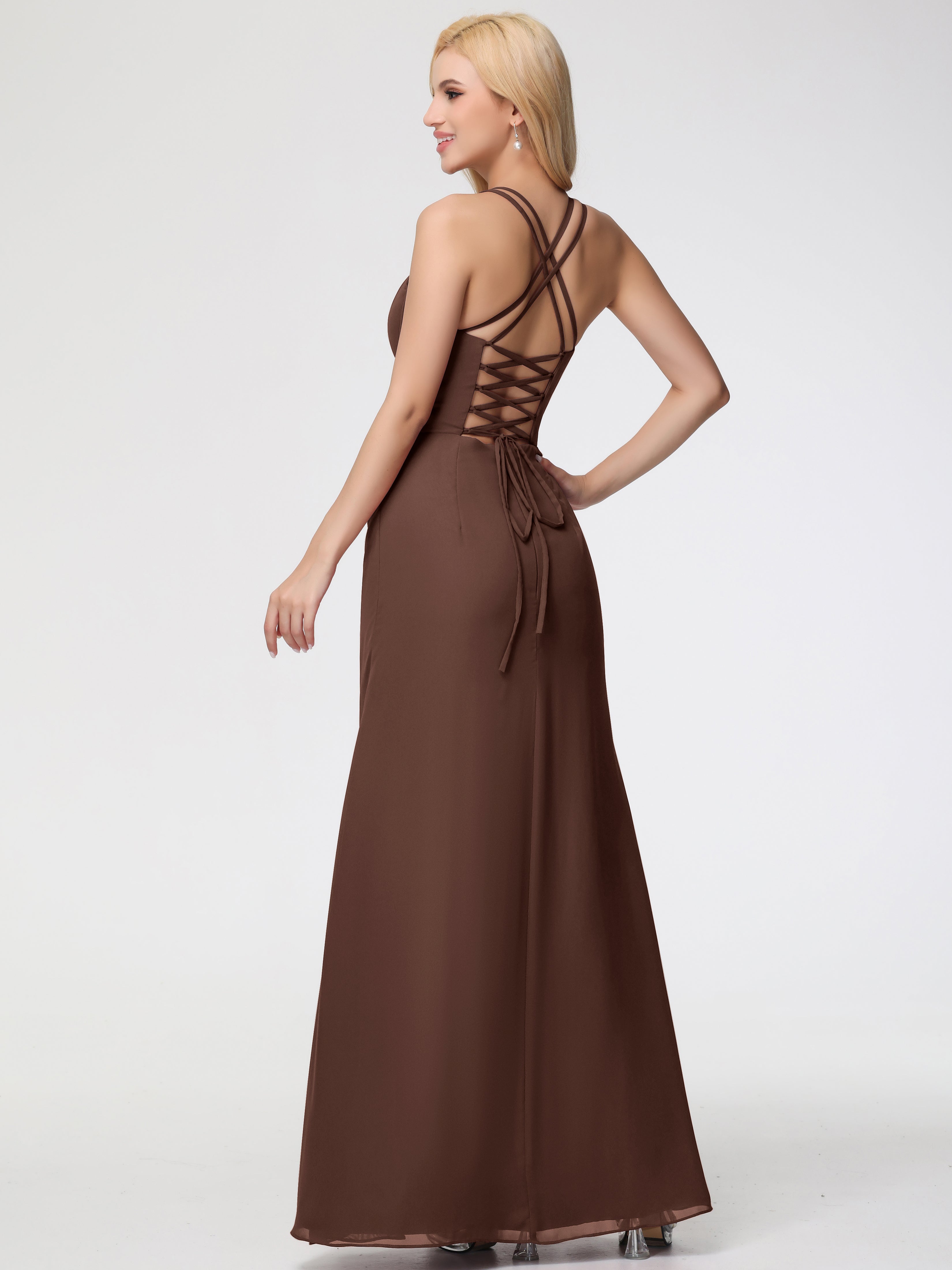 Spaghetti Straps Sheath/Column Long Chiffon Bridesmaid Dresses With Split