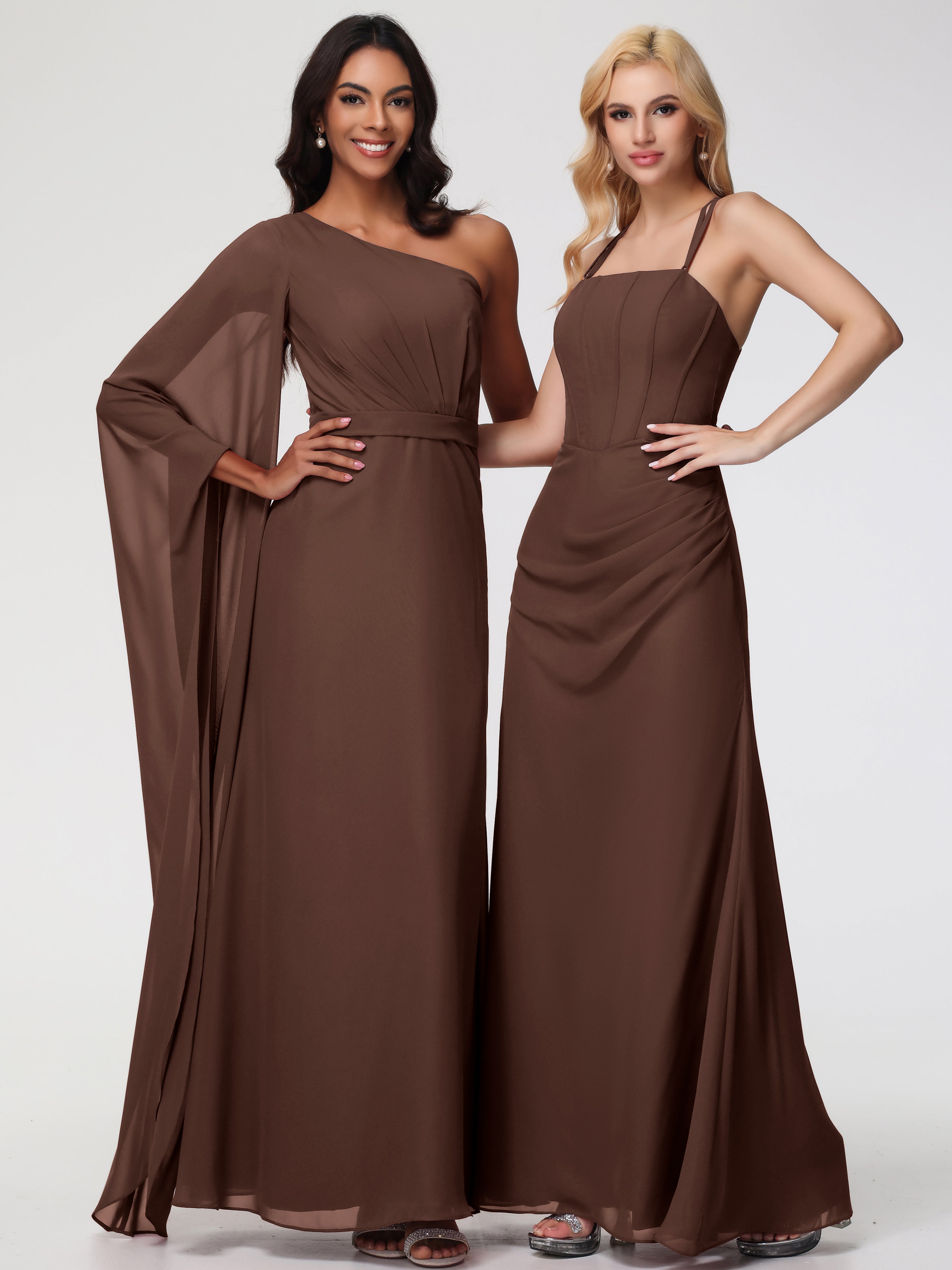 Spaghetti Straps Sheath/Column Long Chiffon Bridesmaid Dresses With Split