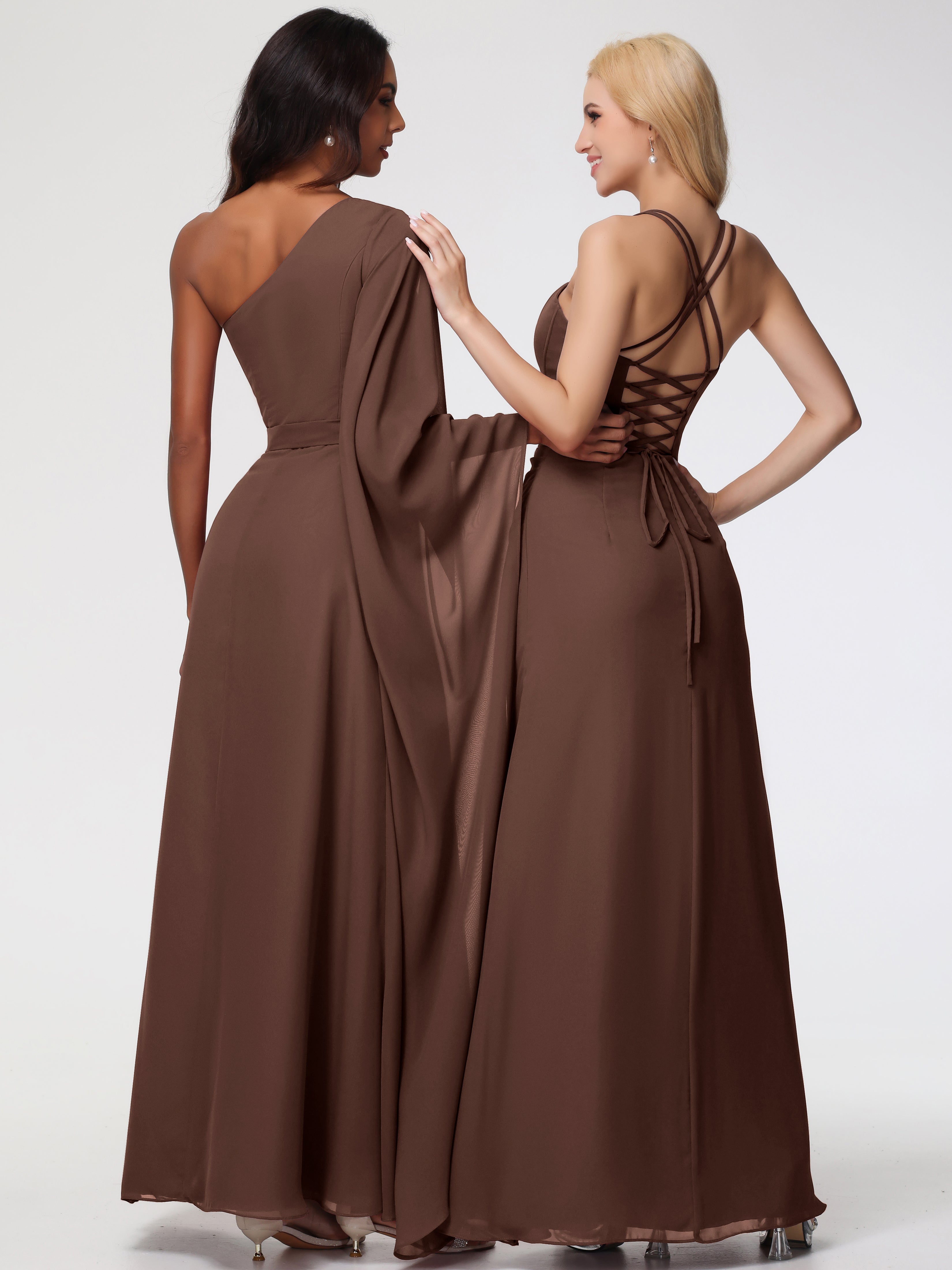 Spaghetti Straps Sheath/Column Long Chiffon Bridesmaid Dresses With Split