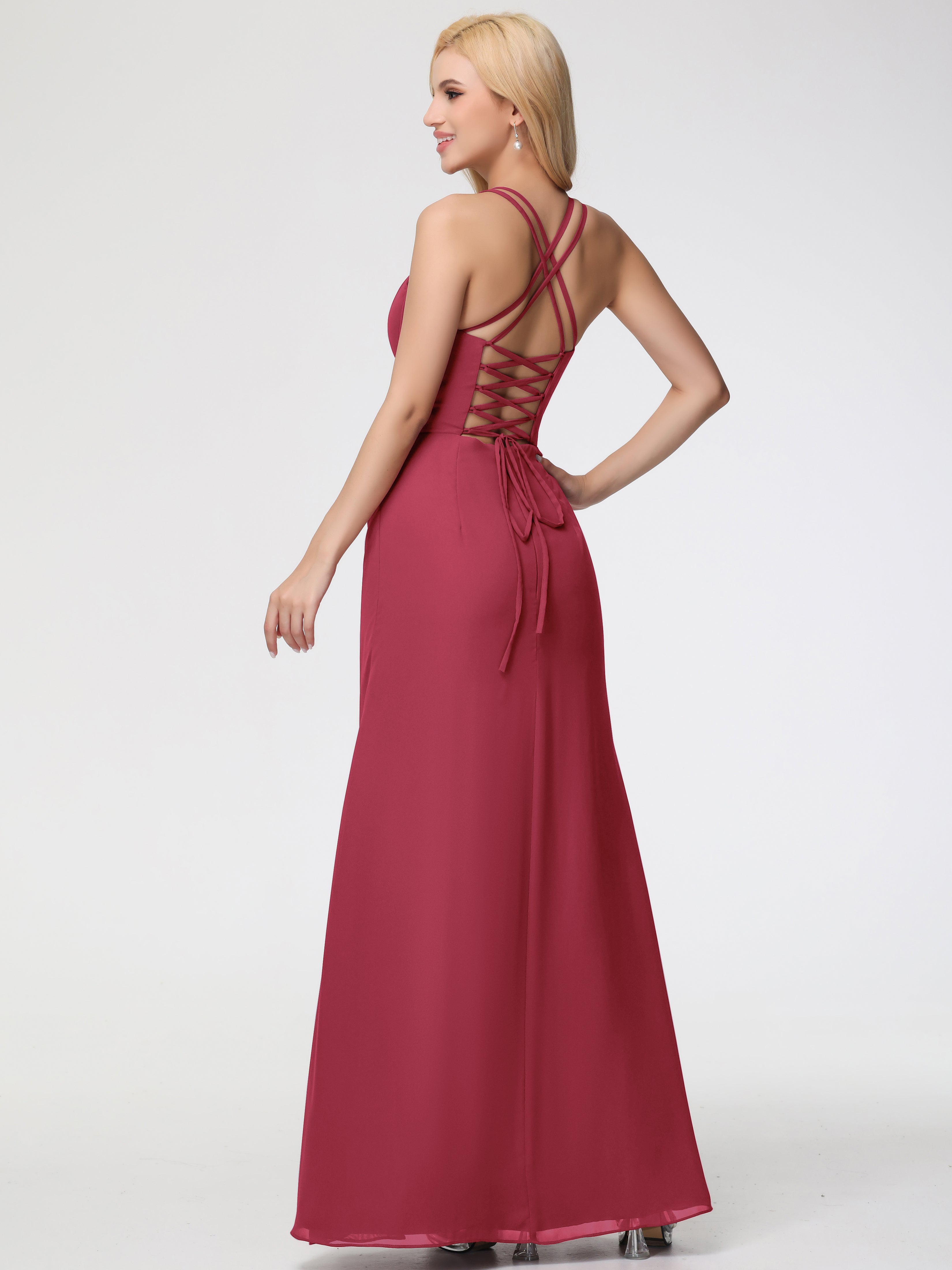 Spaghetti Straps Sheath/Column Long Chiffon Bridesmaid Dresses With Split