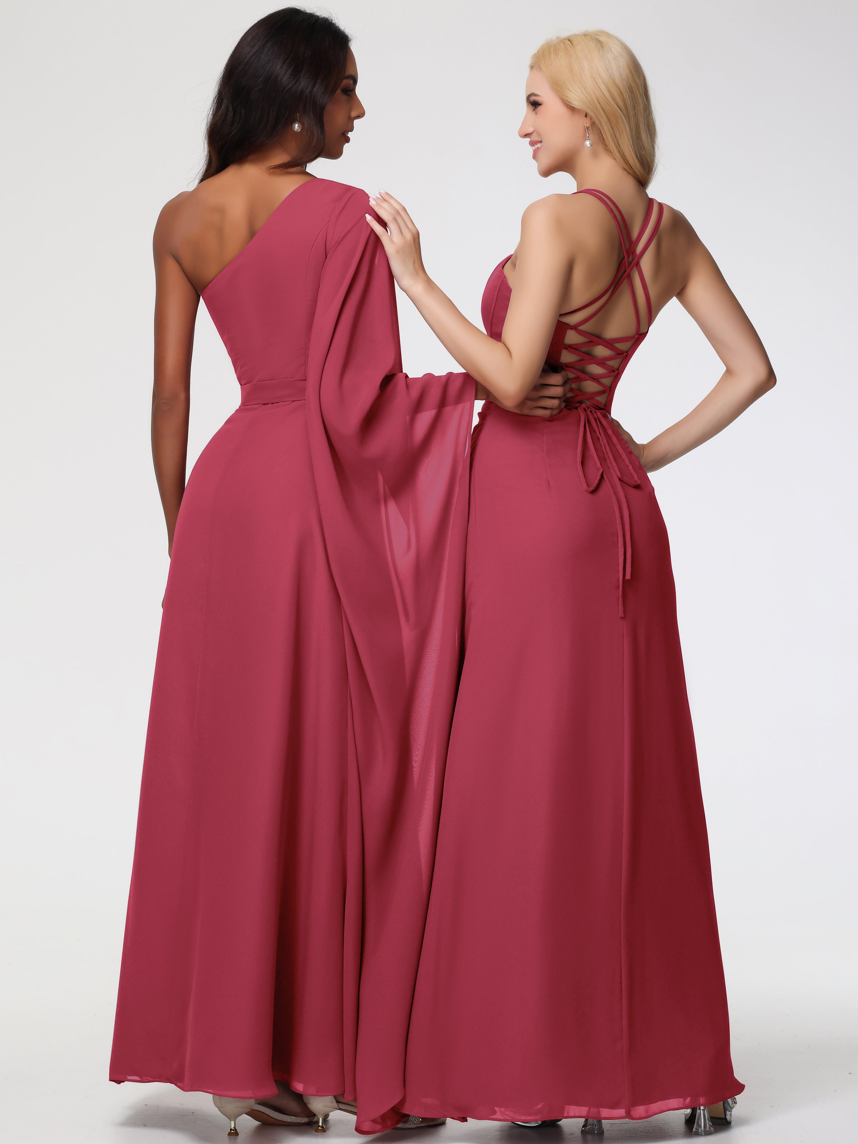 Spaghetti Straps Sheath/Column Long Chiffon Bridesmaid Dresses With Split