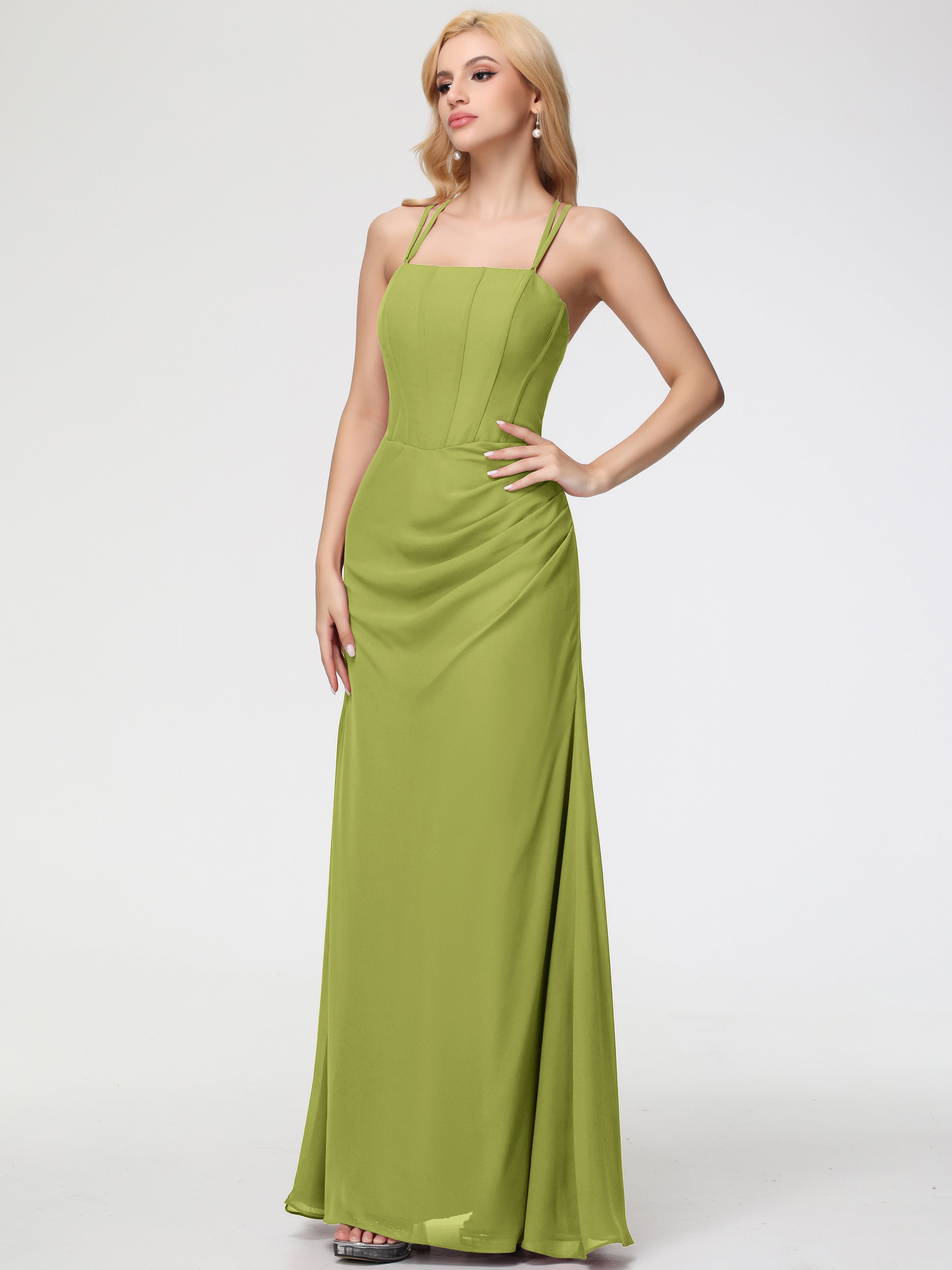 Spaghetti Straps Sheath/Column Long Chiffon Bridesmaid Dresses With Split