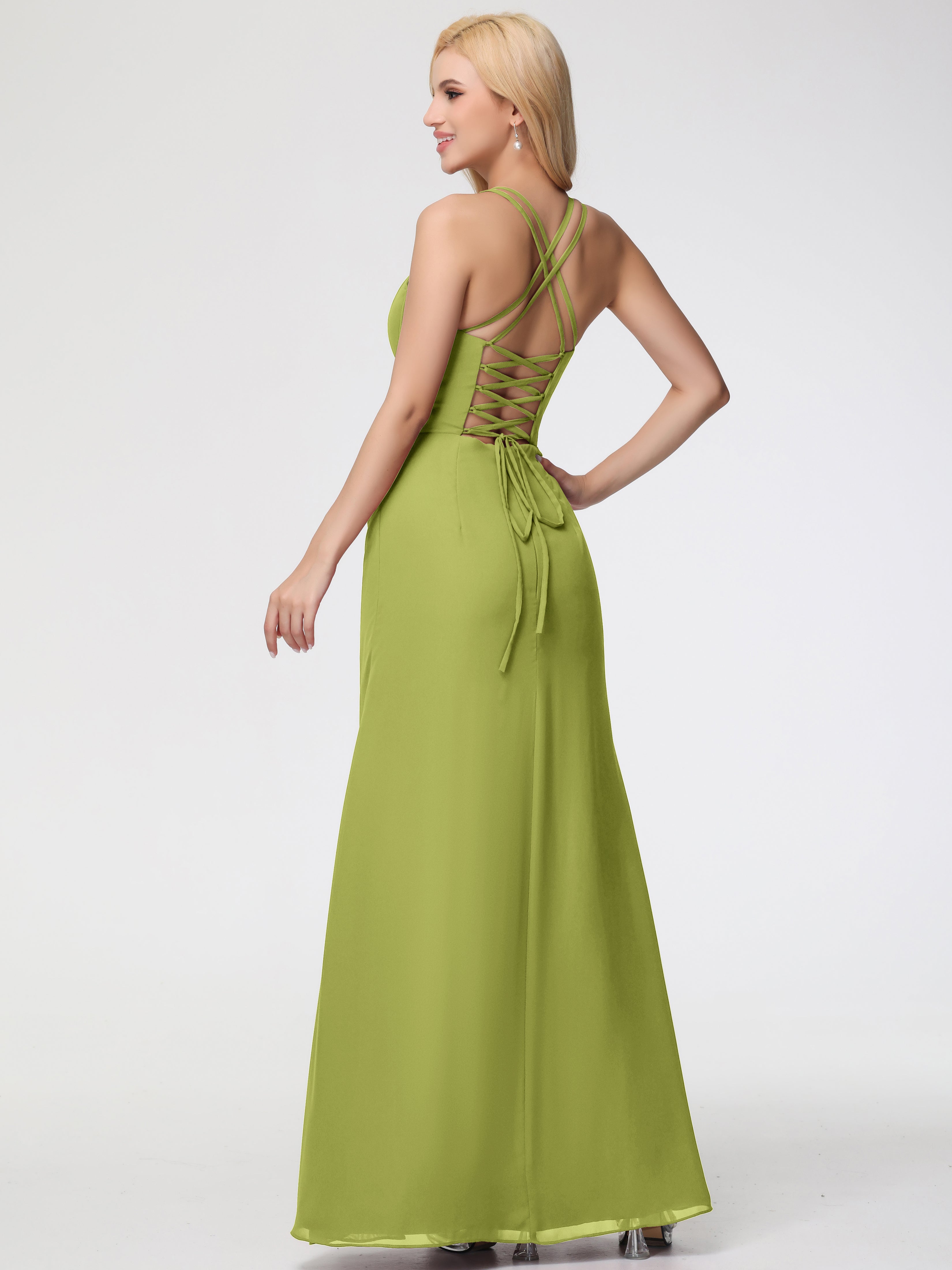 Spaghetti Straps Sheath/Column Long Chiffon Bridesmaid Dresses With Split