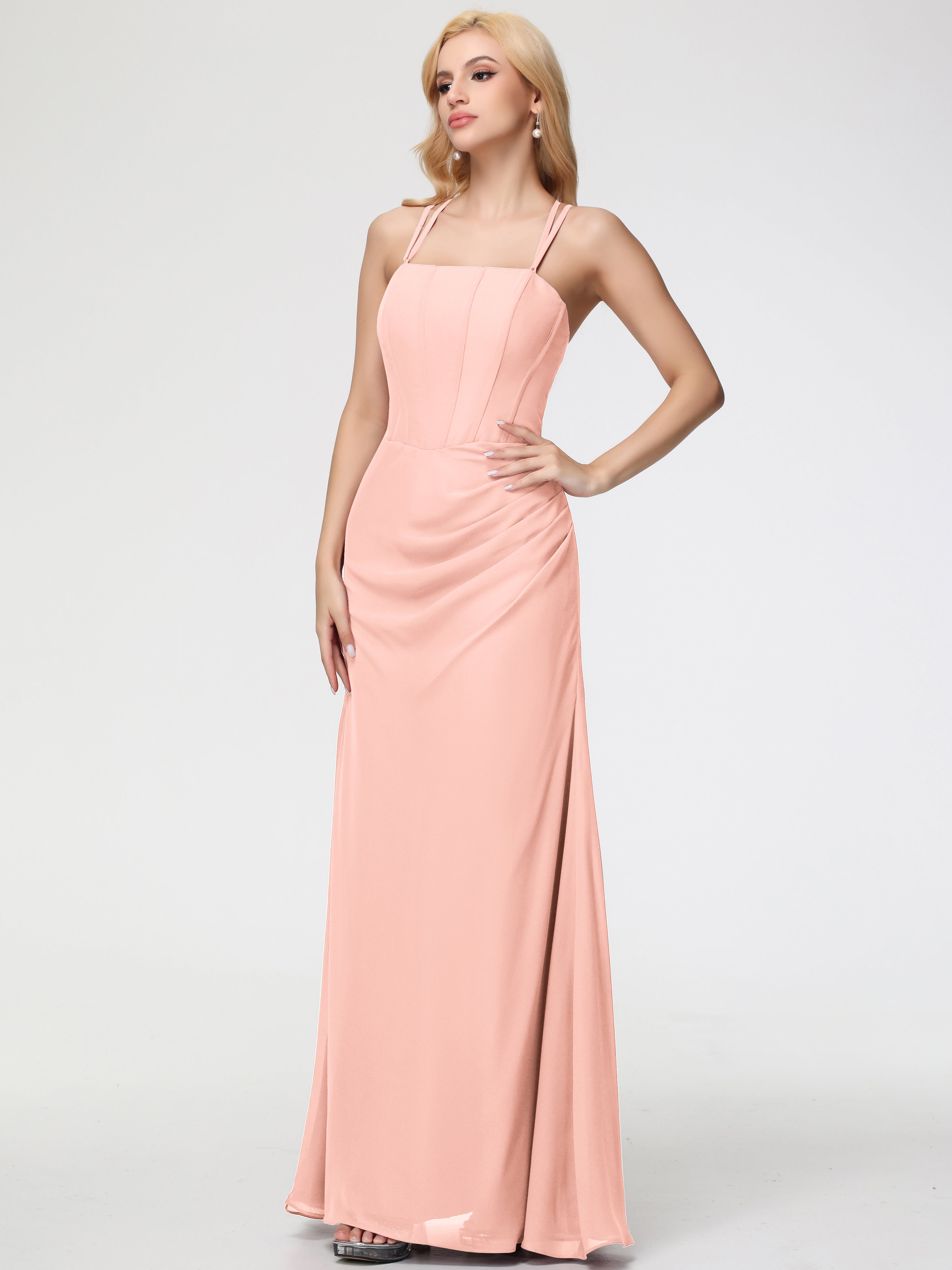 Spaghetti Straps Sheath/Column Long Chiffon Bridesmaid Dresses With Split
