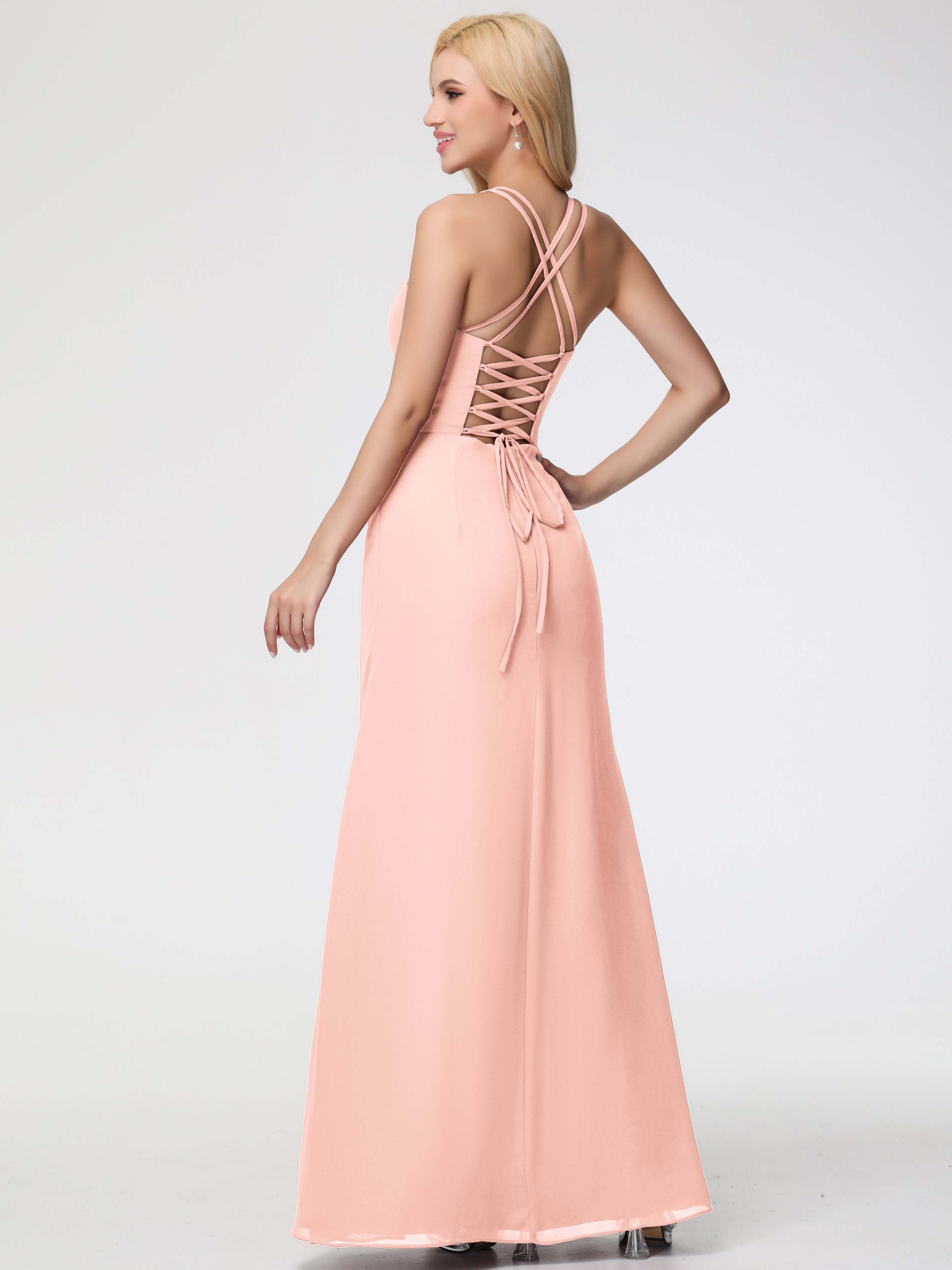 Spaghetti Straps Sheath/Column Long Chiffon Bridesmaid Dresses With Split