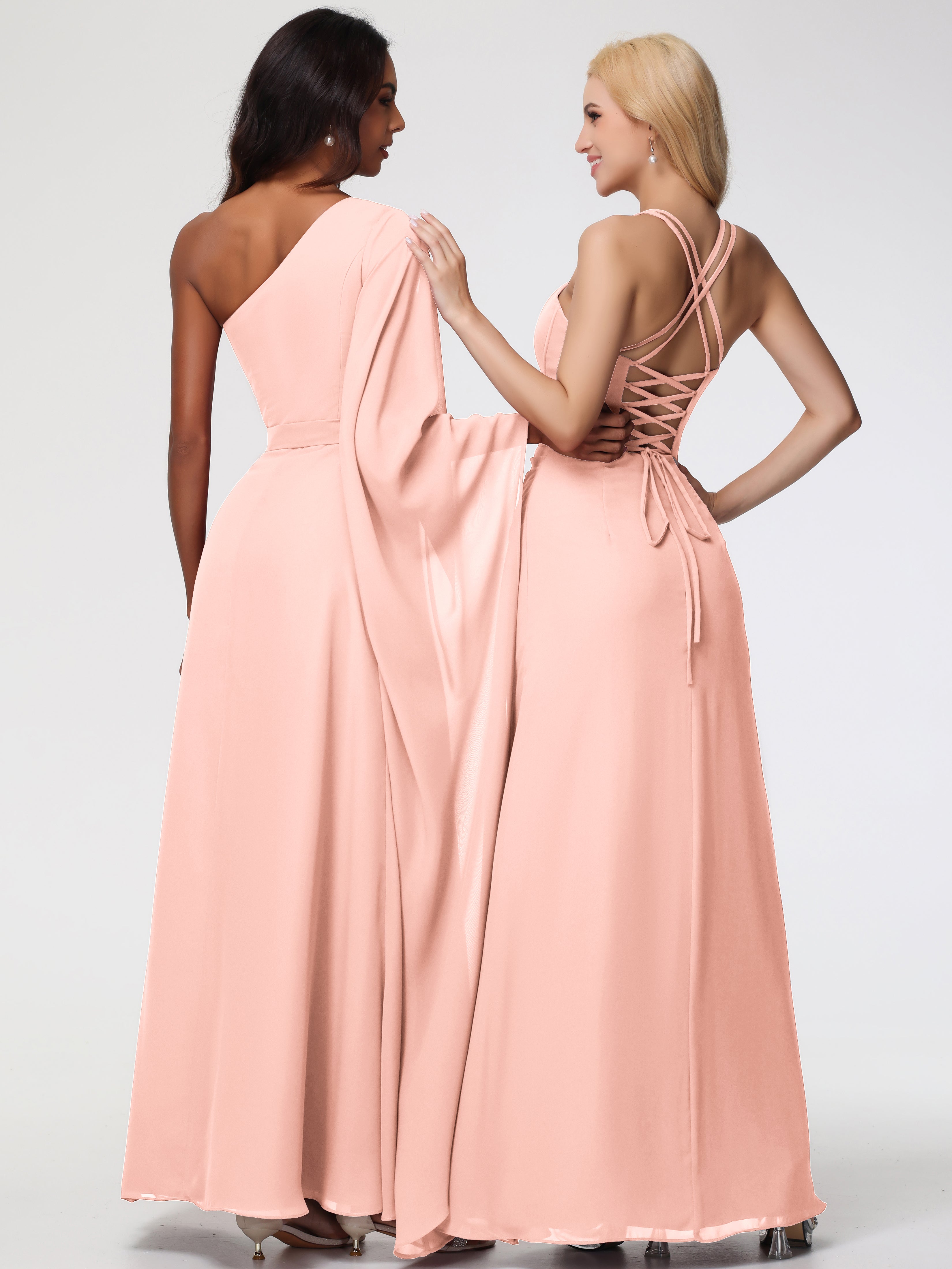 Spaghetti Straps Sheath/Column Long Chiffon Bridesmaid Dresses With Split