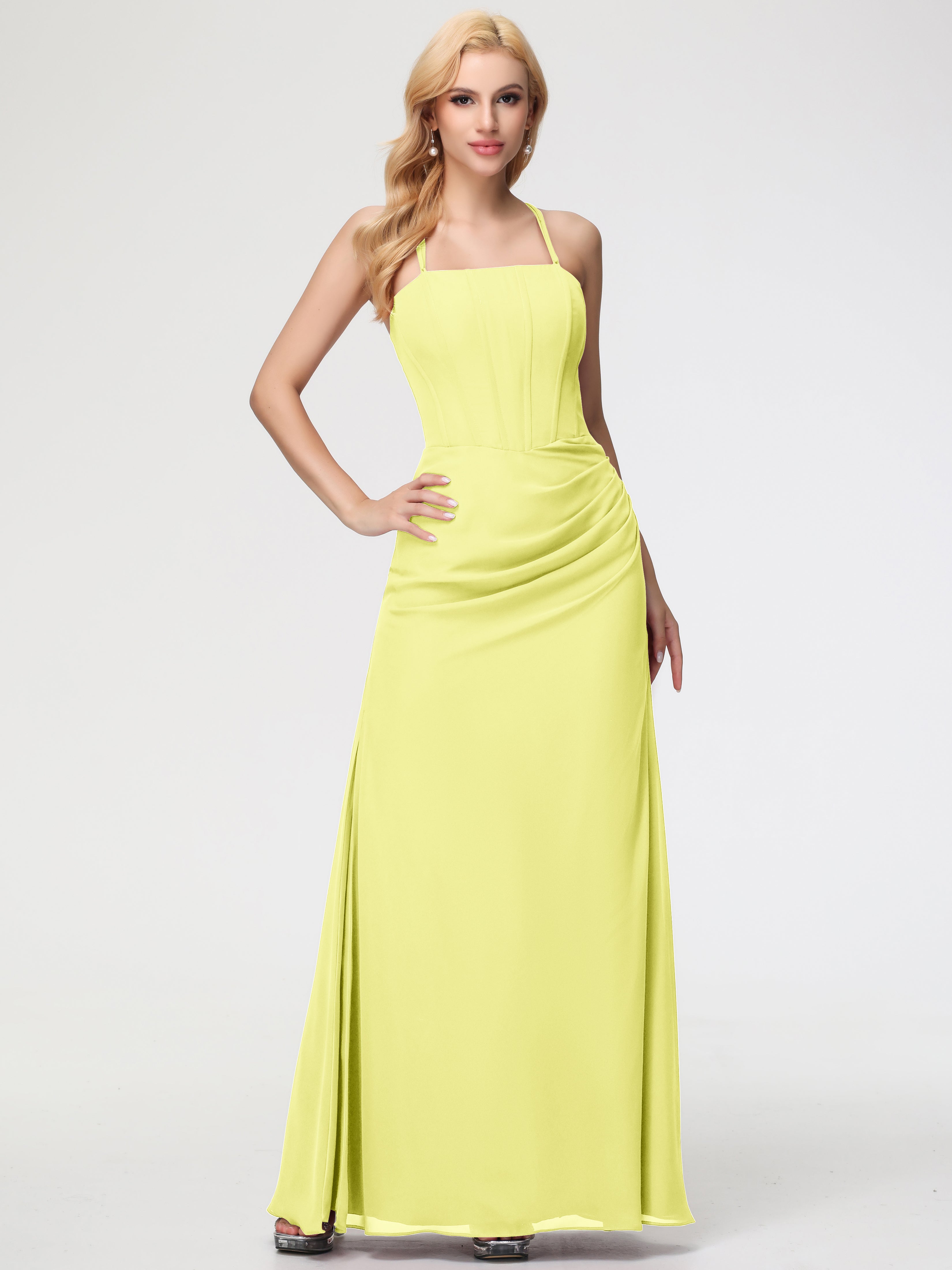 Spaghetti Straps Sheath/Column Long Chiffon Bridesmaid Dresses With Split