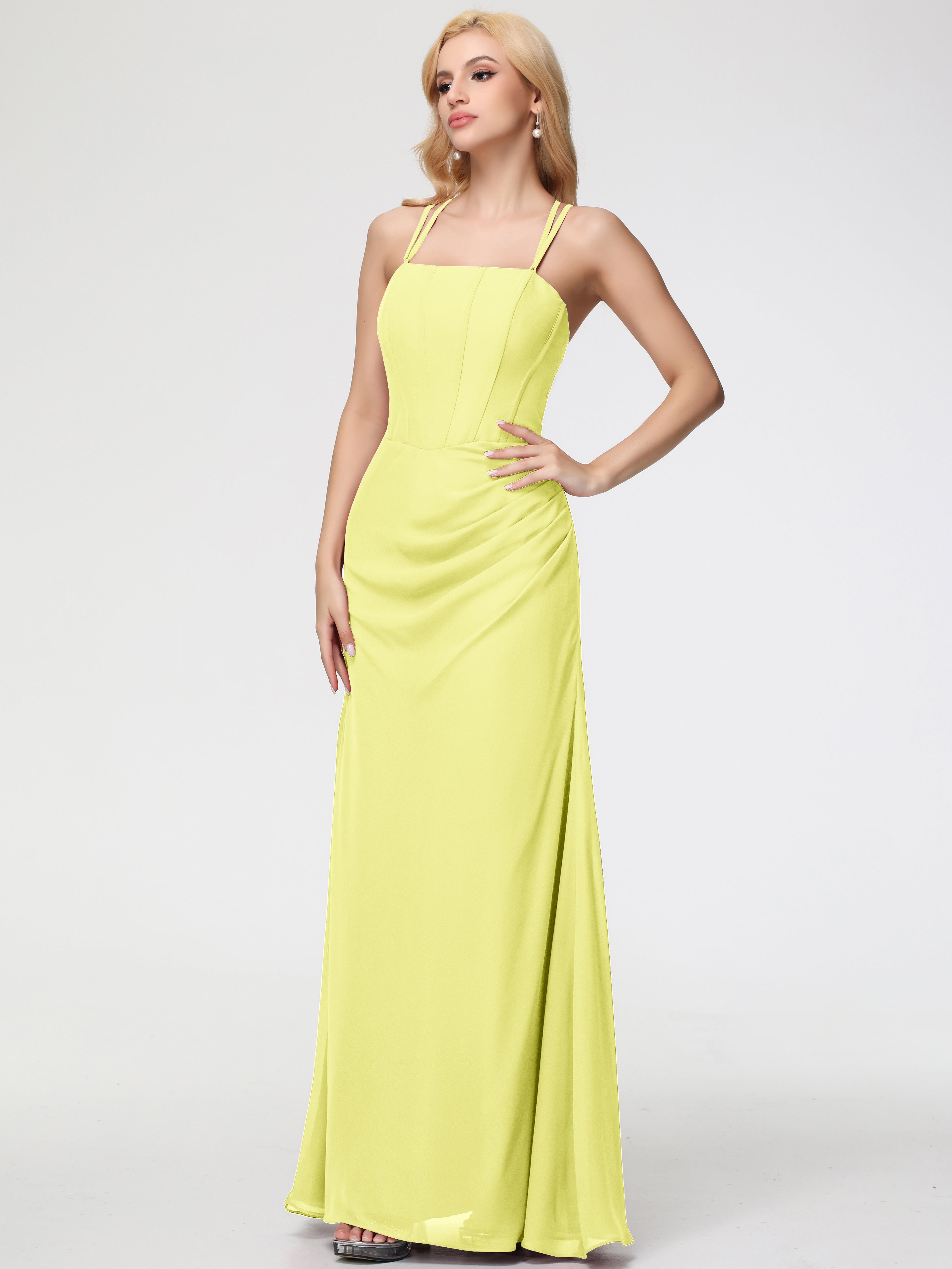 Spaghetti Straps Sheath/Column Long Chiffon Bridesmaid Dresses With Split