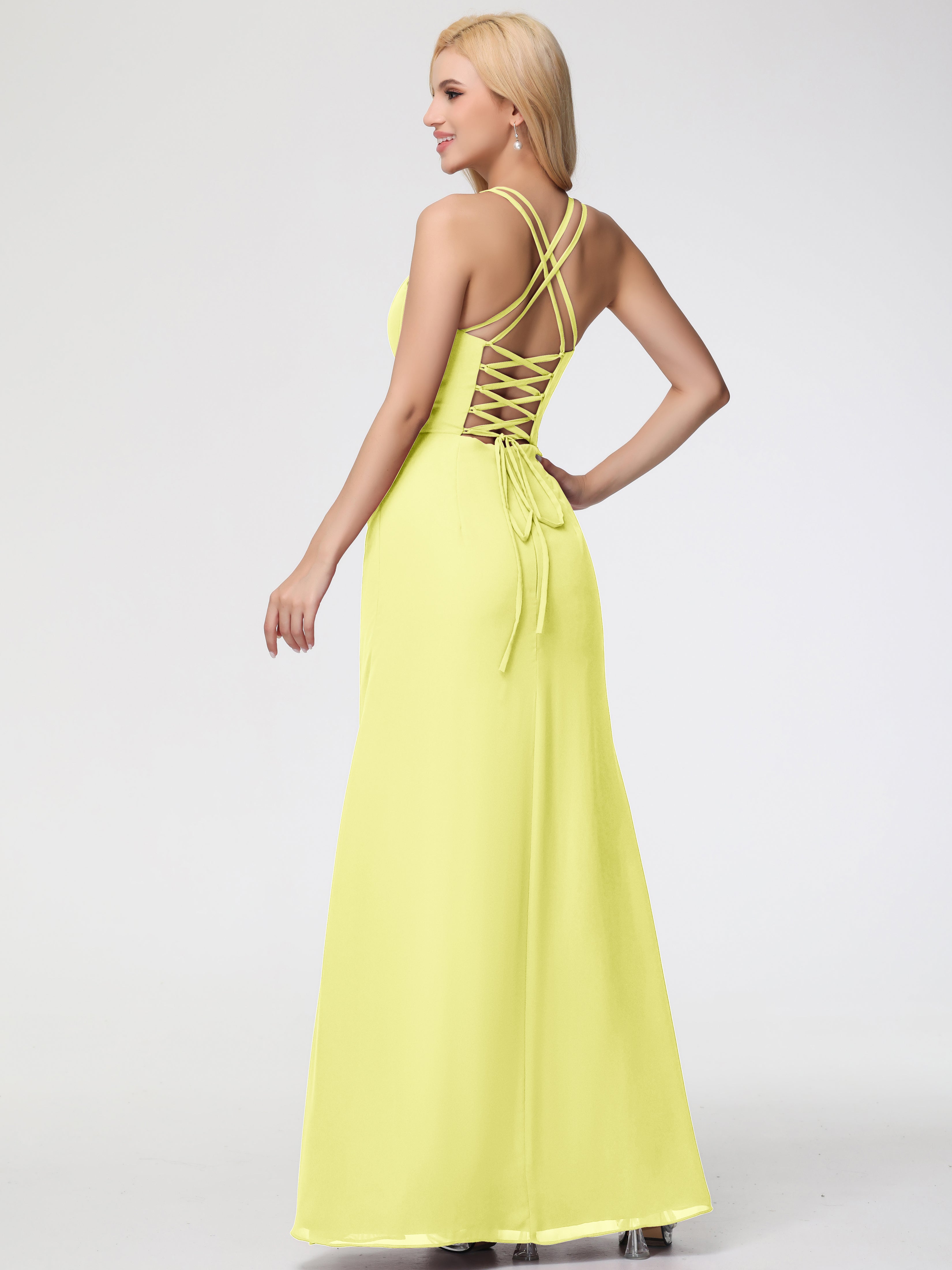 Spaghetti Straps Sheath/Column Long Chiffon Bridesmaid Dresses With Split