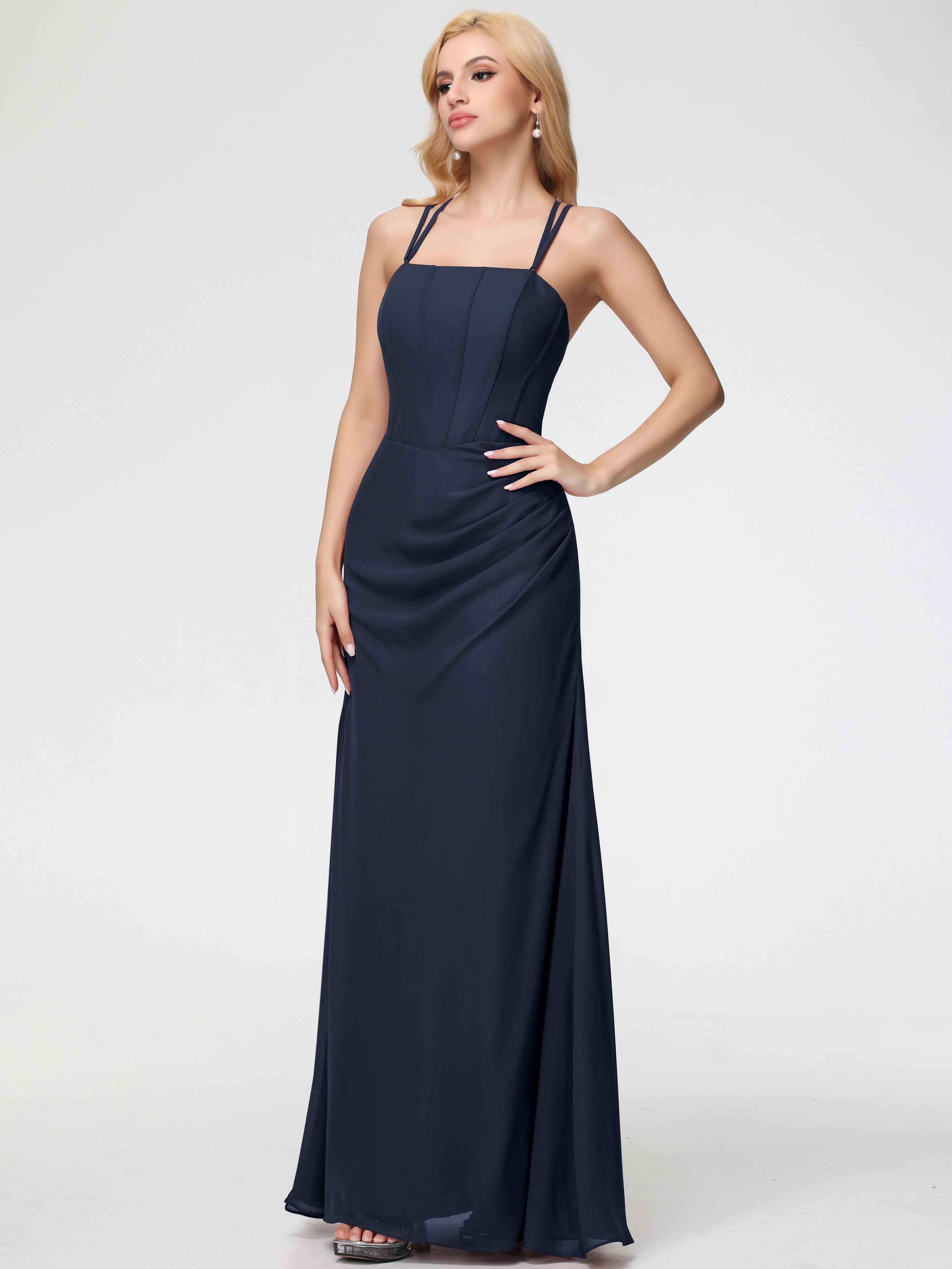 Spaghetti Straps Sheath/Column Long Chiffon Bridesmaid Dresses With Split