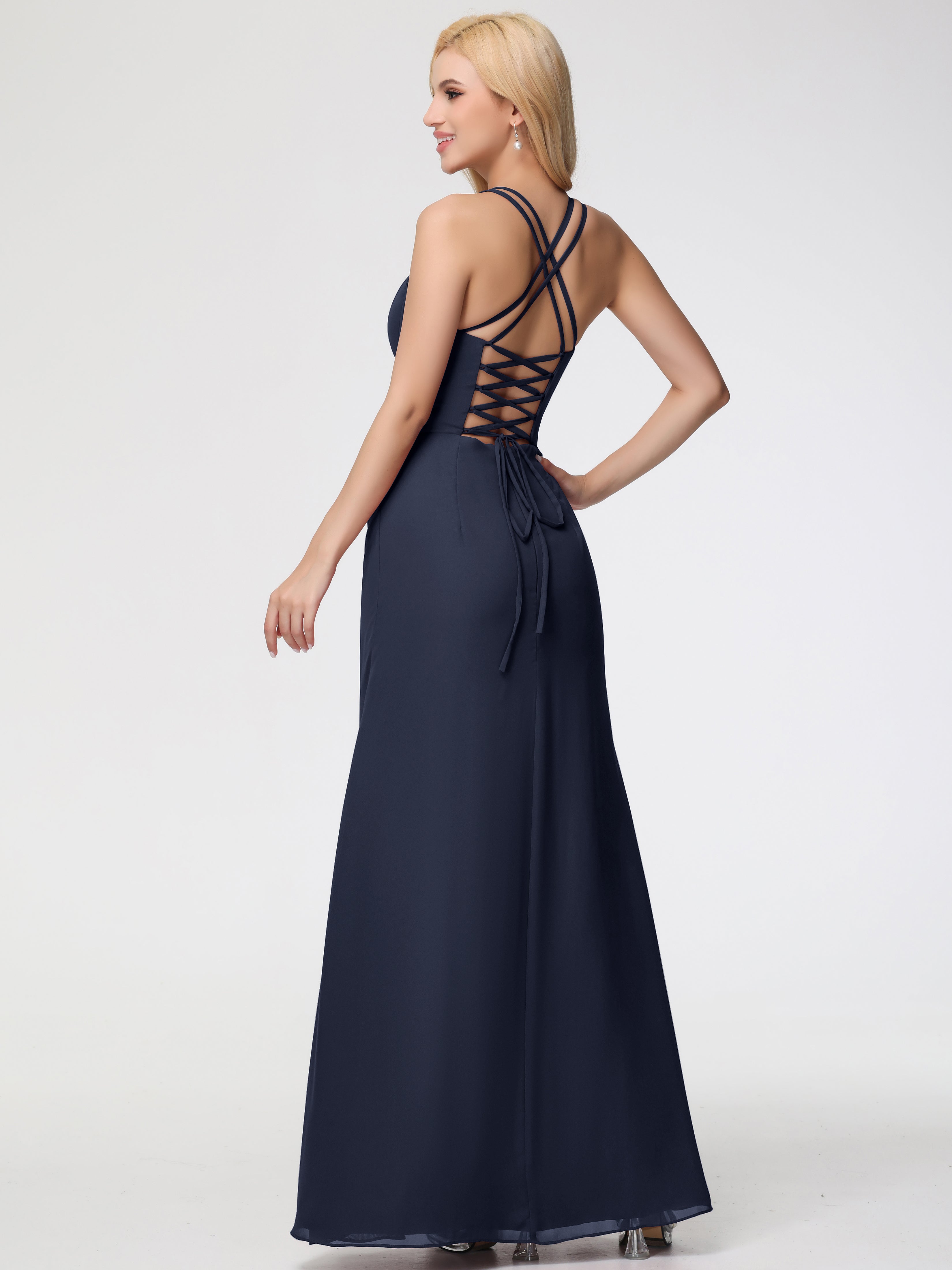 Spaghetti Straps Sheath/Column Long Chiffon Bridesmaid Dresses With Split
