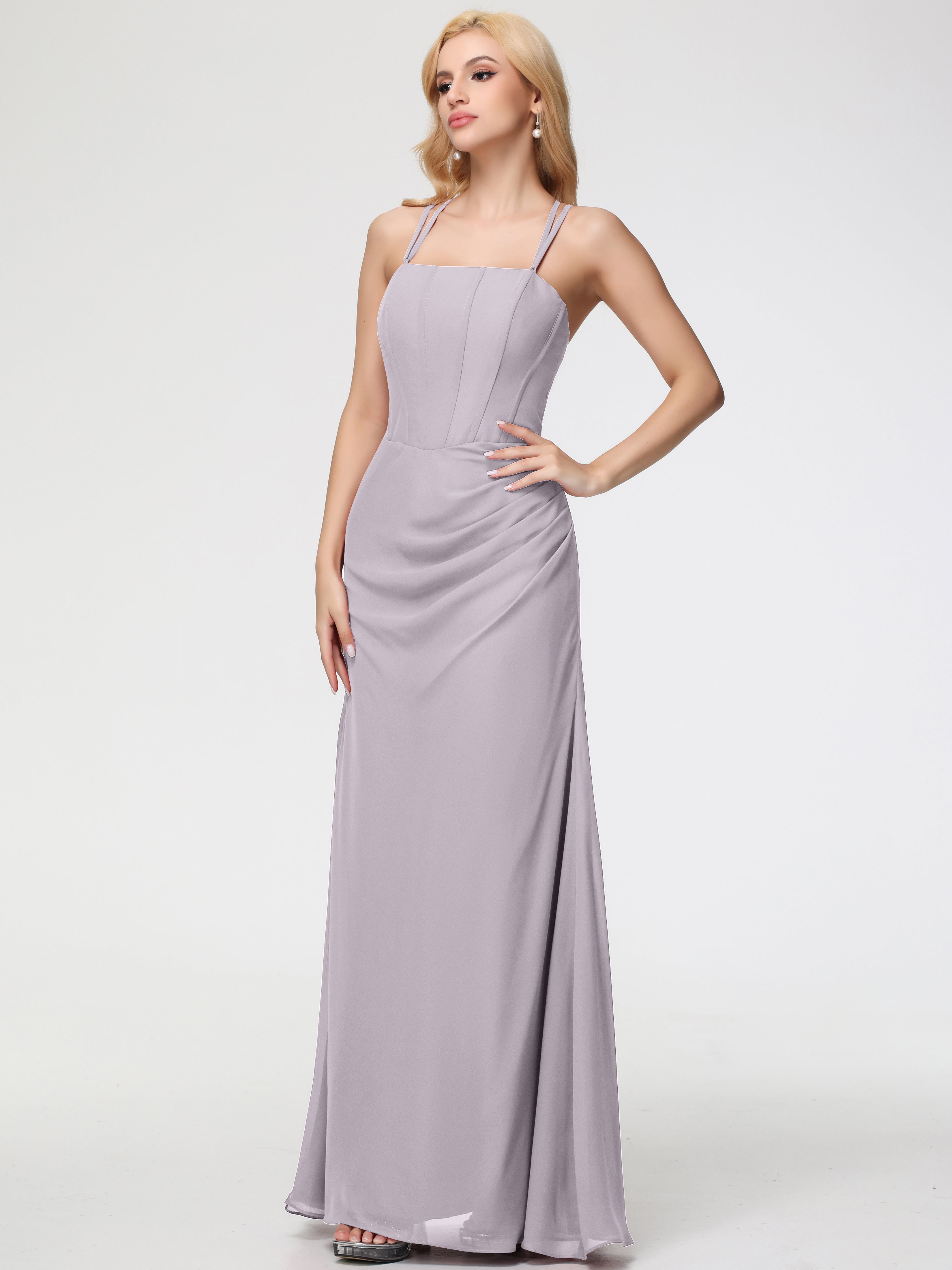 Spaghetti Straps Sheath/Column Long Chiffon Bridesmaid Dresses With Split
