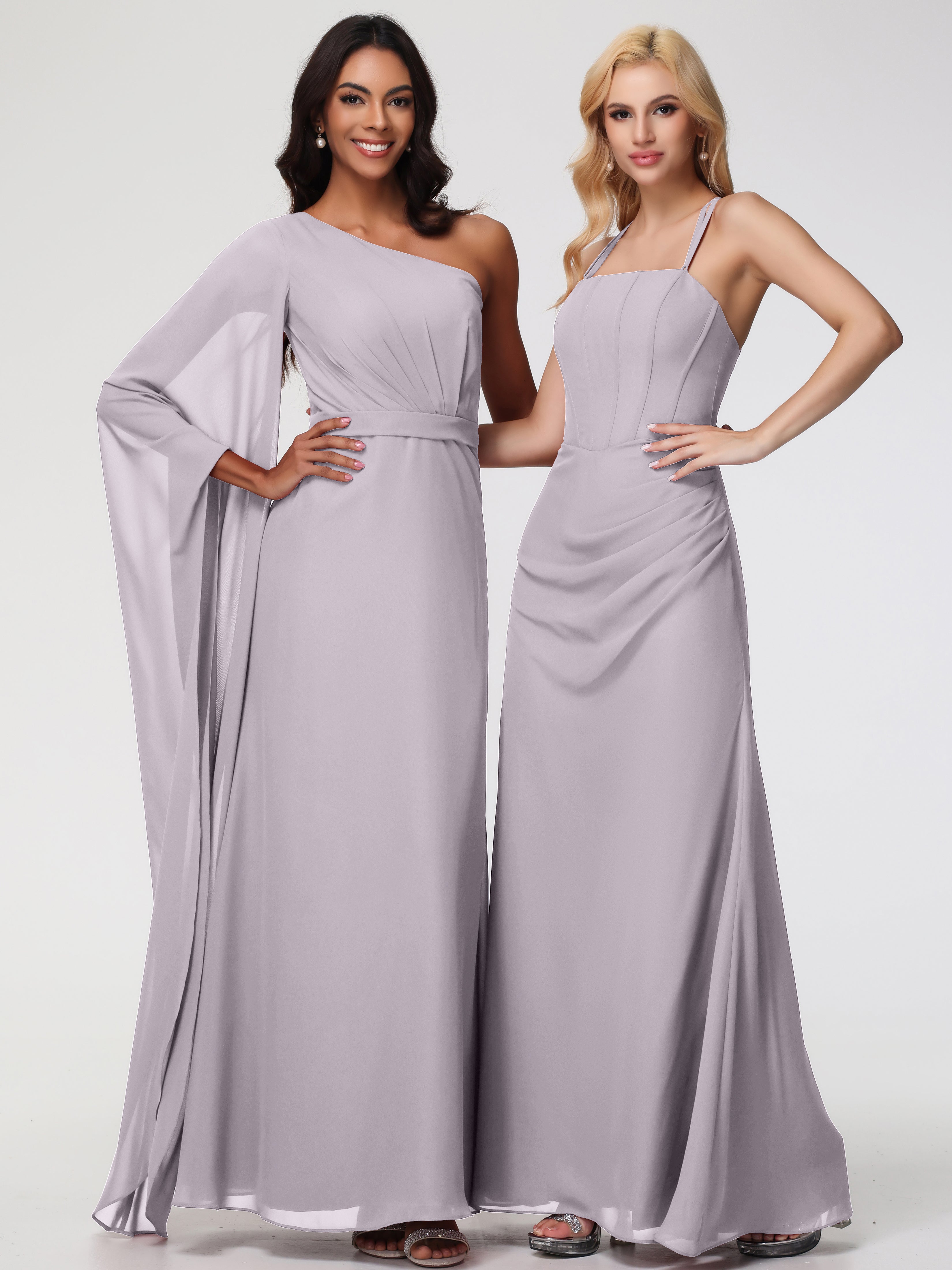 Spaghetti Straps Sheath/Column Long Chiffon Bridesmaid Dresses With Split