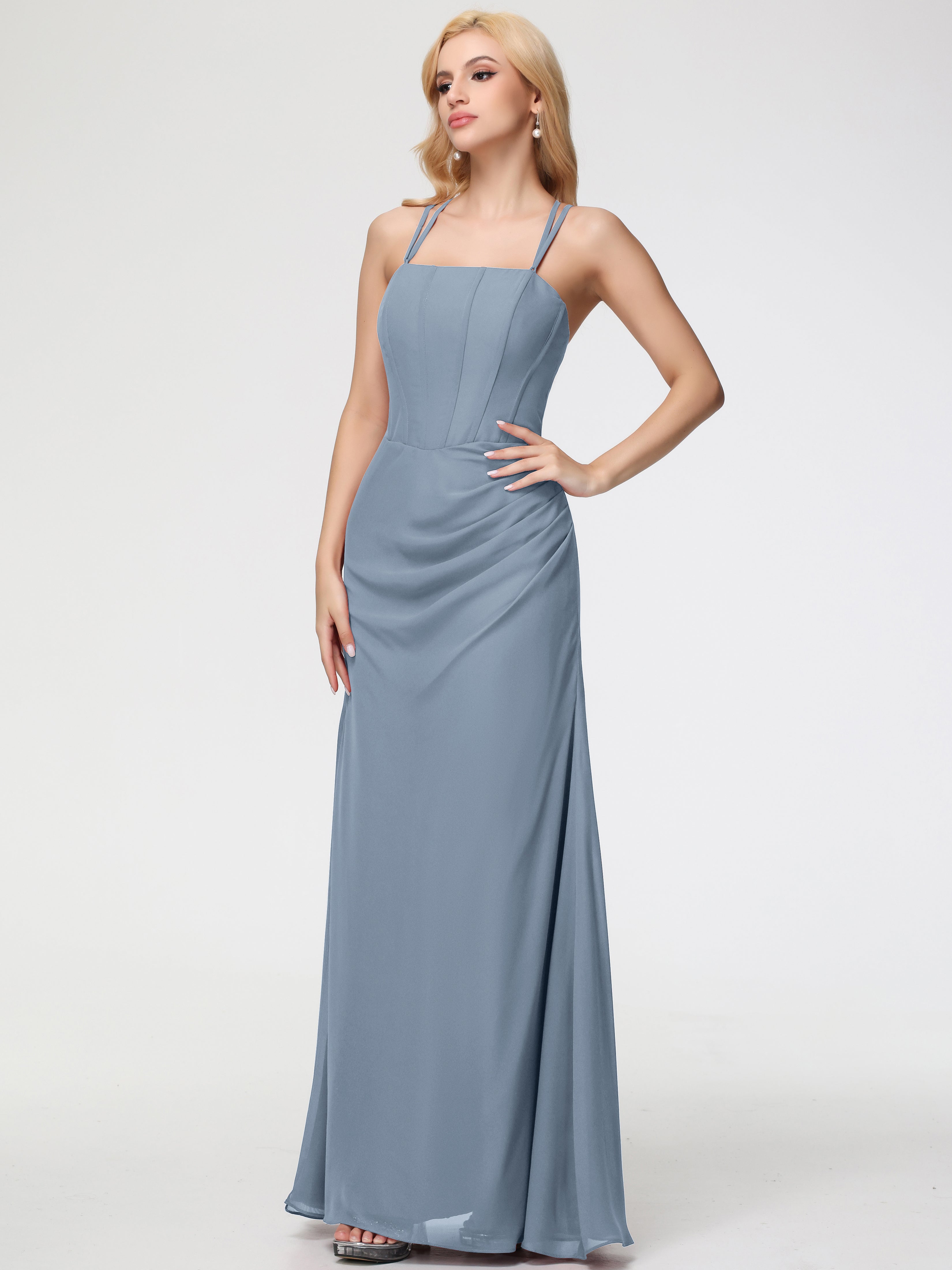 Spaghetti Straps Sheath/Column Long Chiffon Bridesmaid Dresses With Split