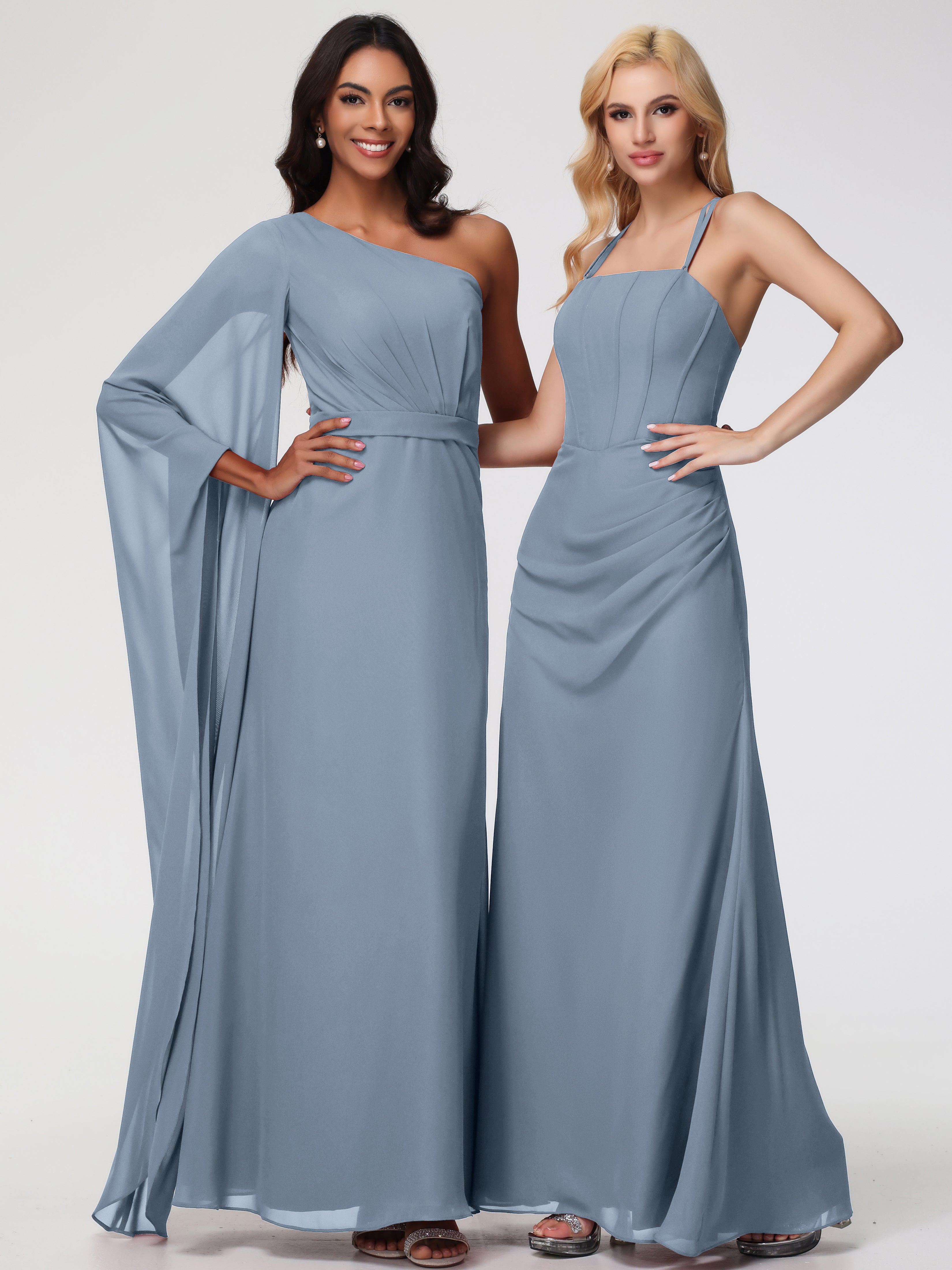 Spaghetti Straps Sheath/Column Long Chiffon Bridesmaid Dresses With Split
