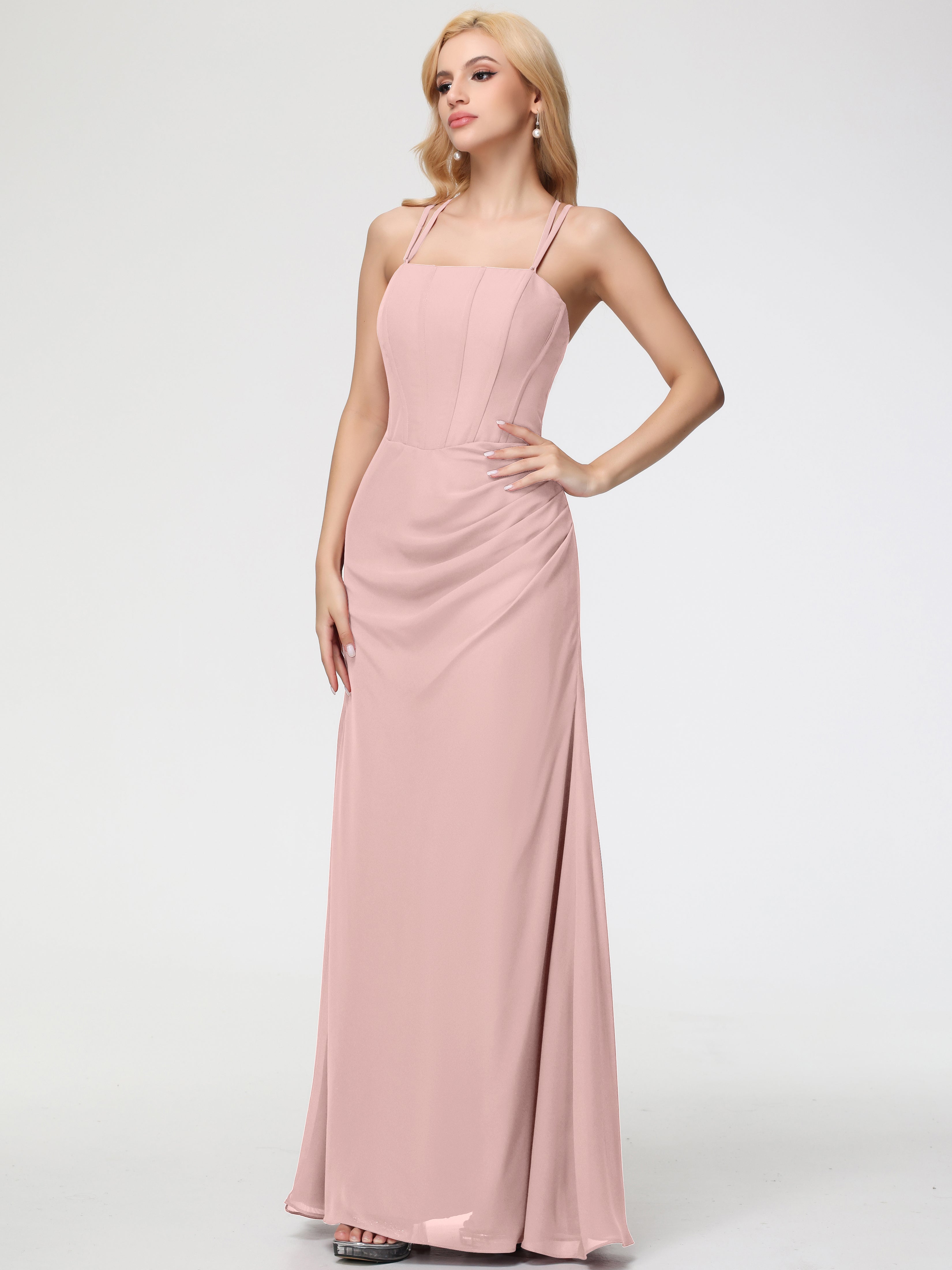 Spaghetti Straps Sheath/Column Long Chiffon Bridesmaid Dresses With Split