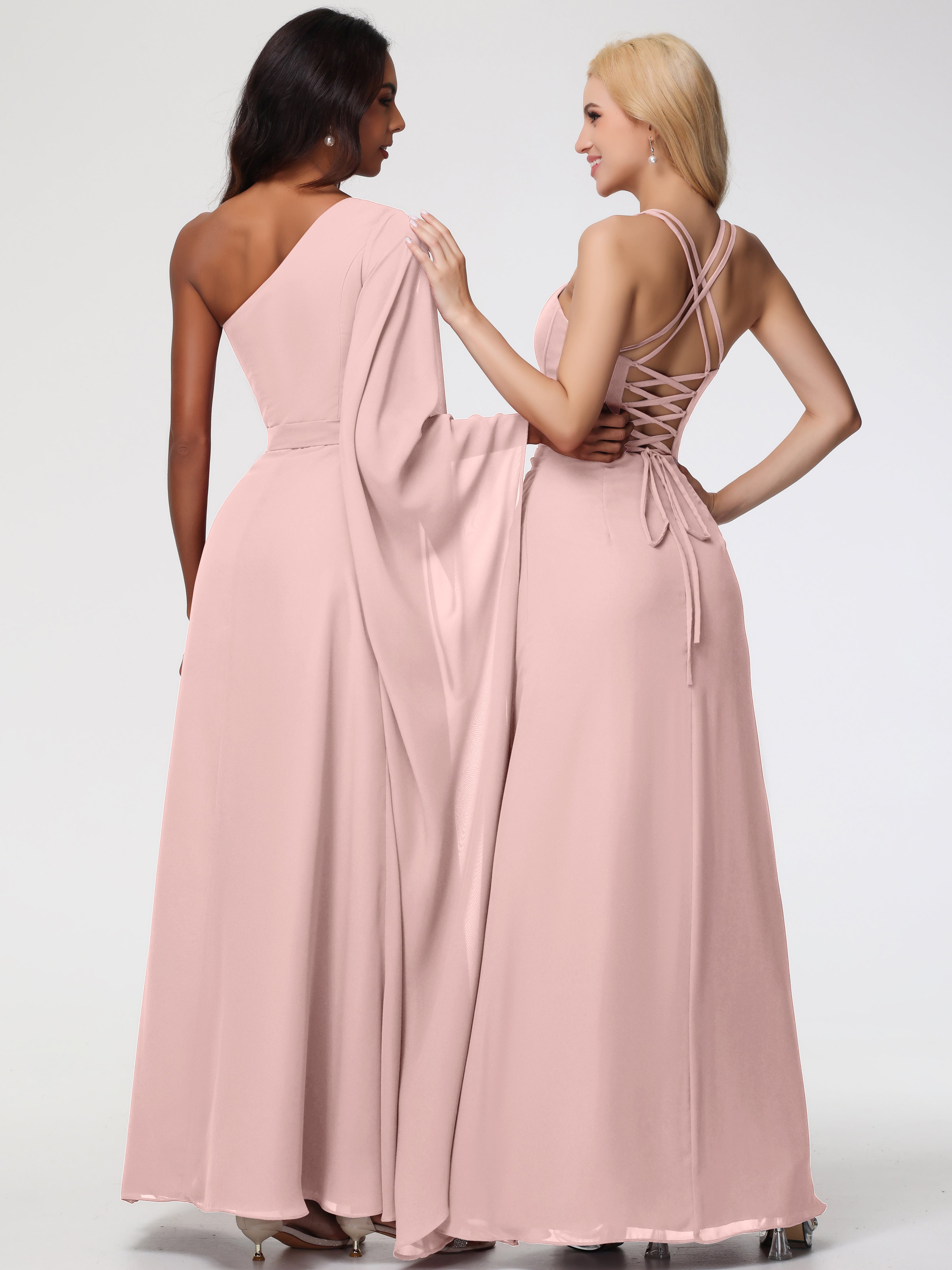 Spaghetti Straps Sheath/Column Long Chiffon Bridesmaid Dresses With Split
