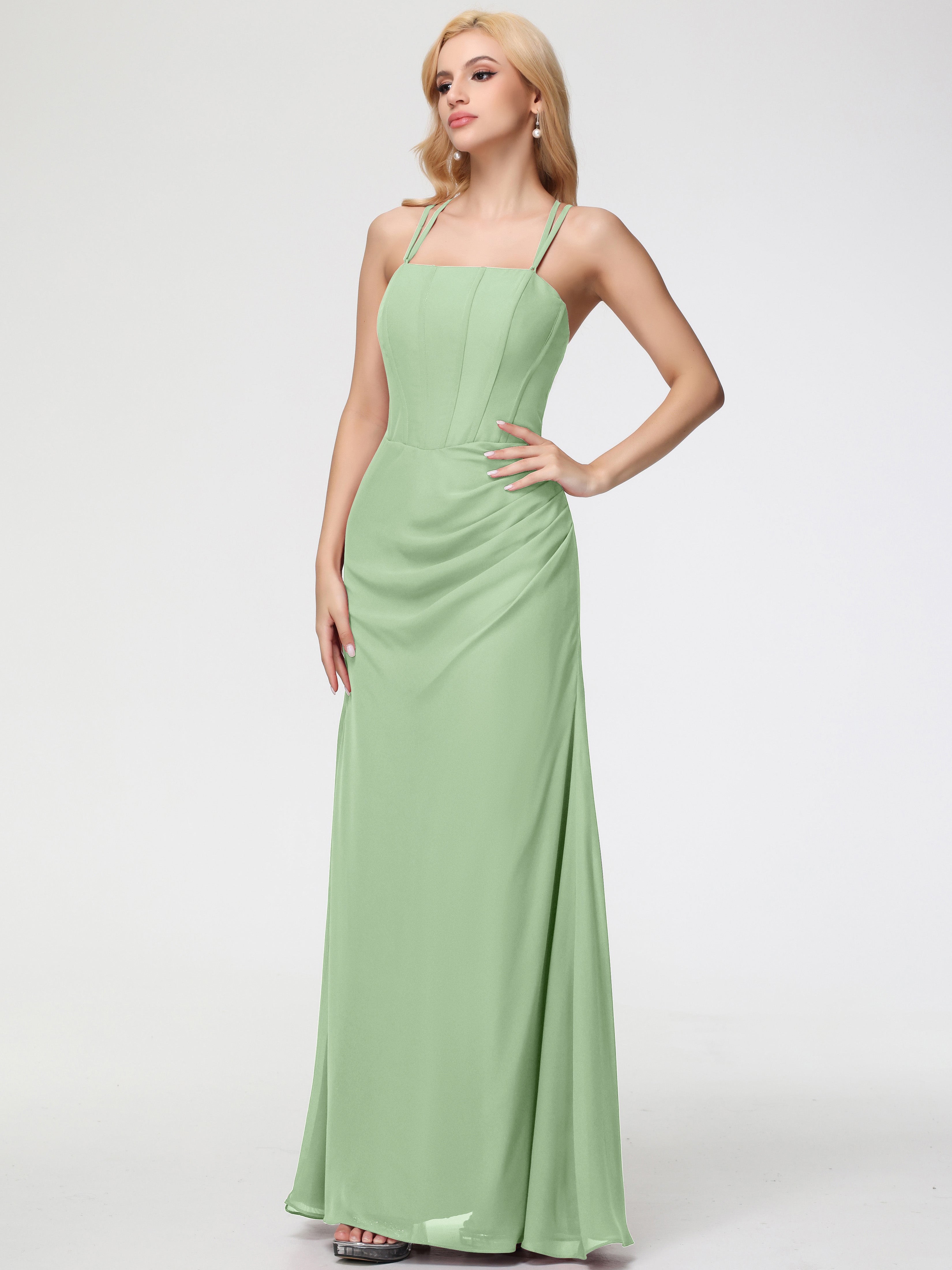 Spaghetti Straps Sheath/Column Long Chiffon Bridesmaid Dresses With Split