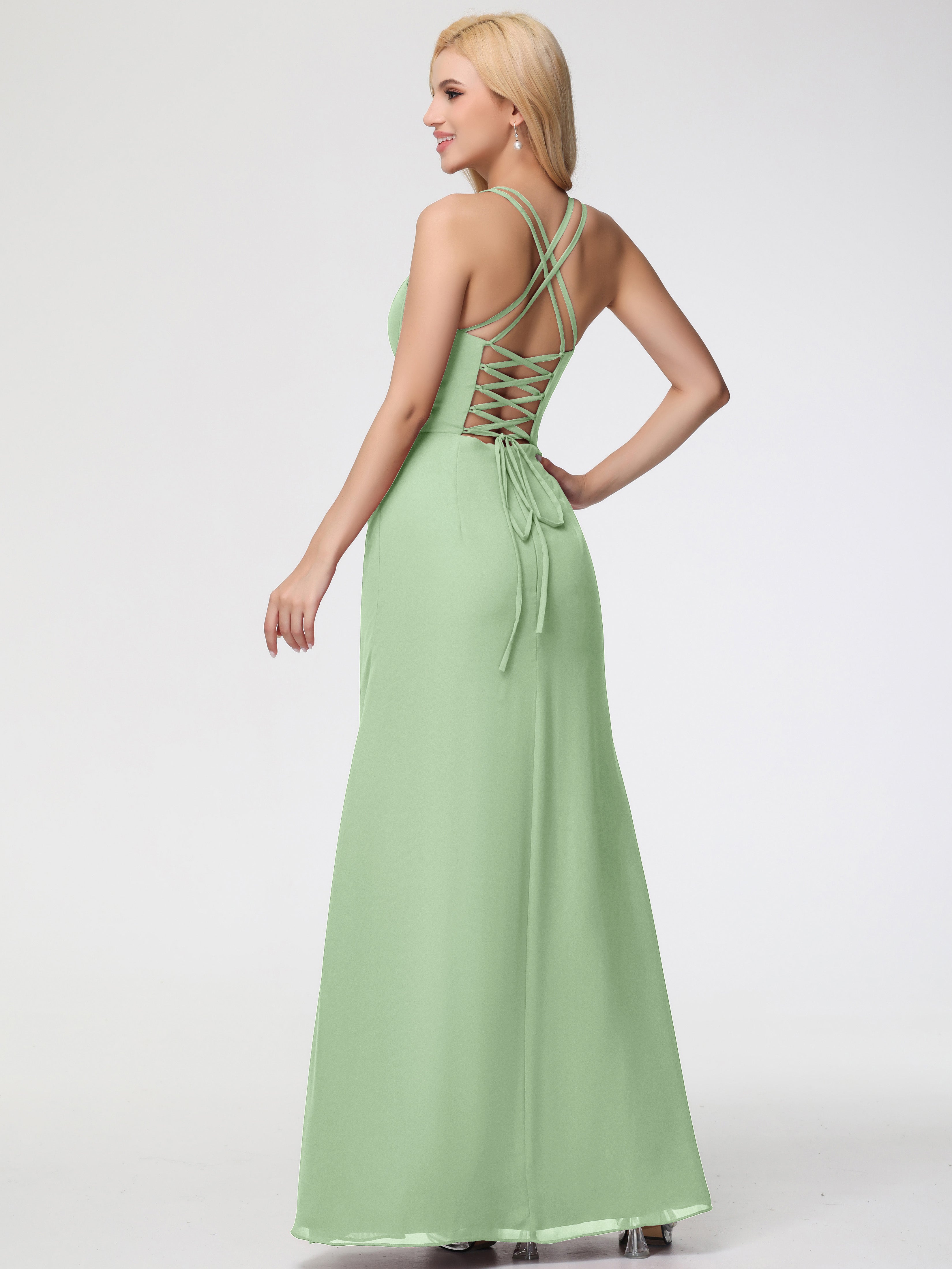 Spaghetti Straps Sheath/Column Long Chiffon Bridesmaid Dresses With Split