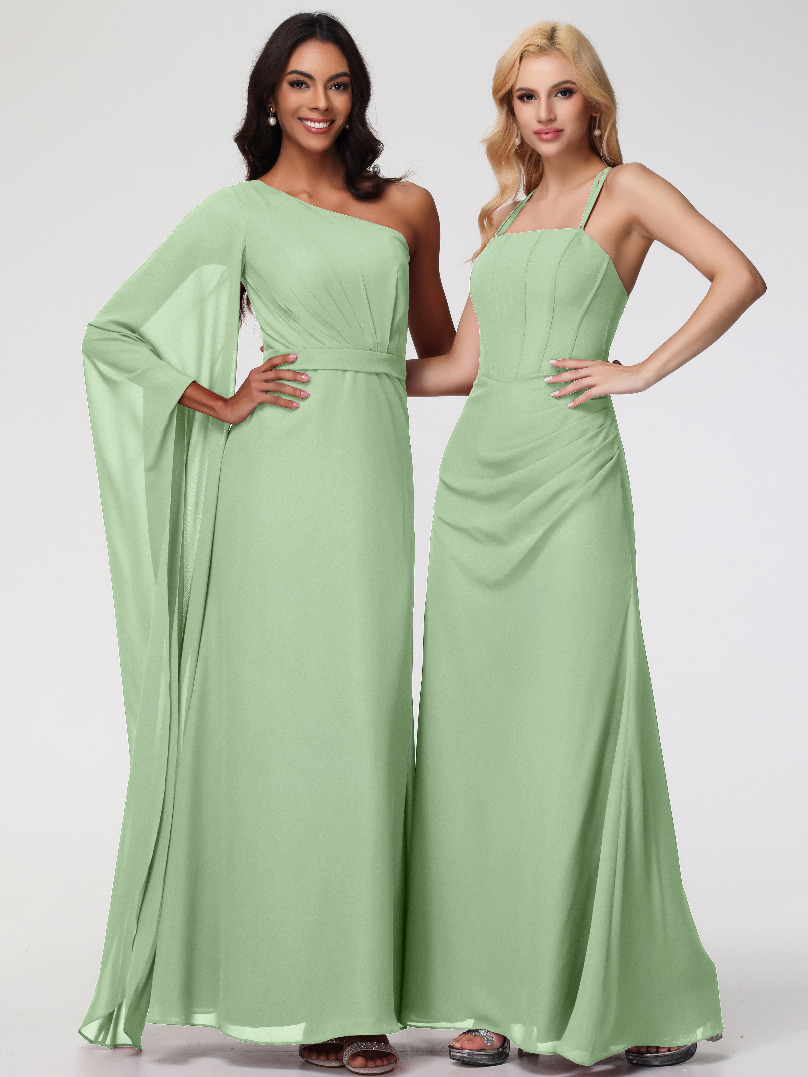 Spaghetti Straps Sheath/Column Long Chiffon Bridesmaid Dresses With Split