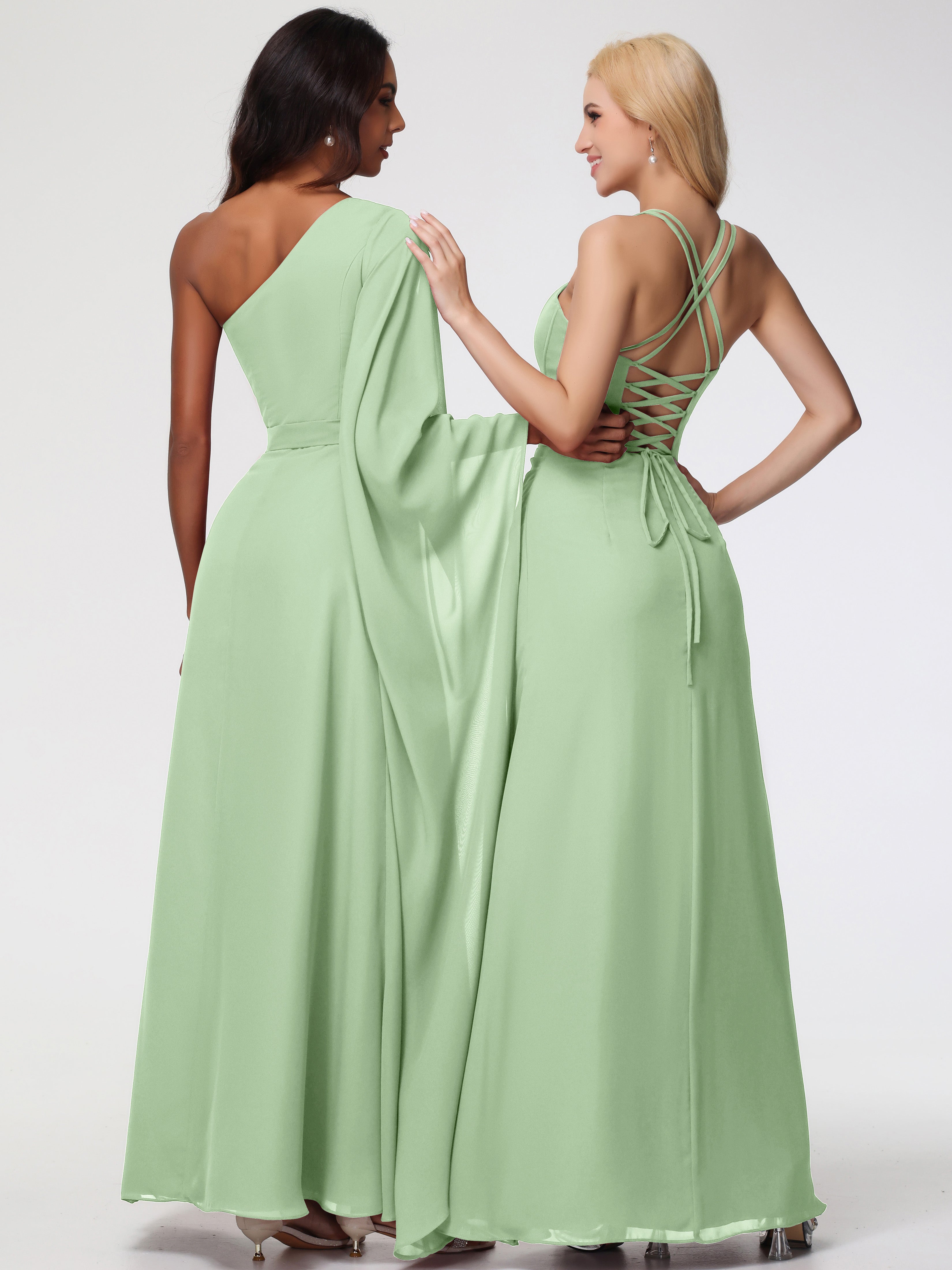 Spaghetti Straps Sheath/Column Long Chiffon Bridesmaid Dresses With Split