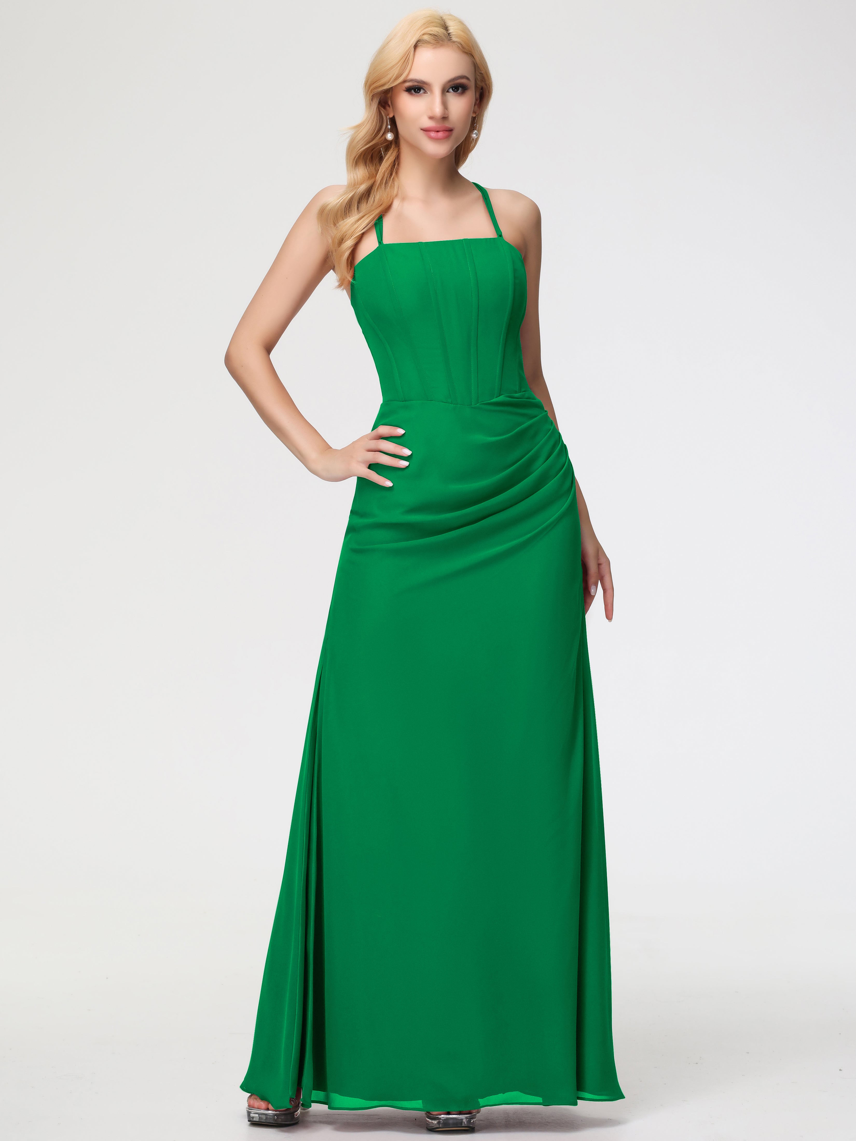 Spaghetti Straps Sheath/Column Long Chiffon Bridesmaid Dresses With Split
