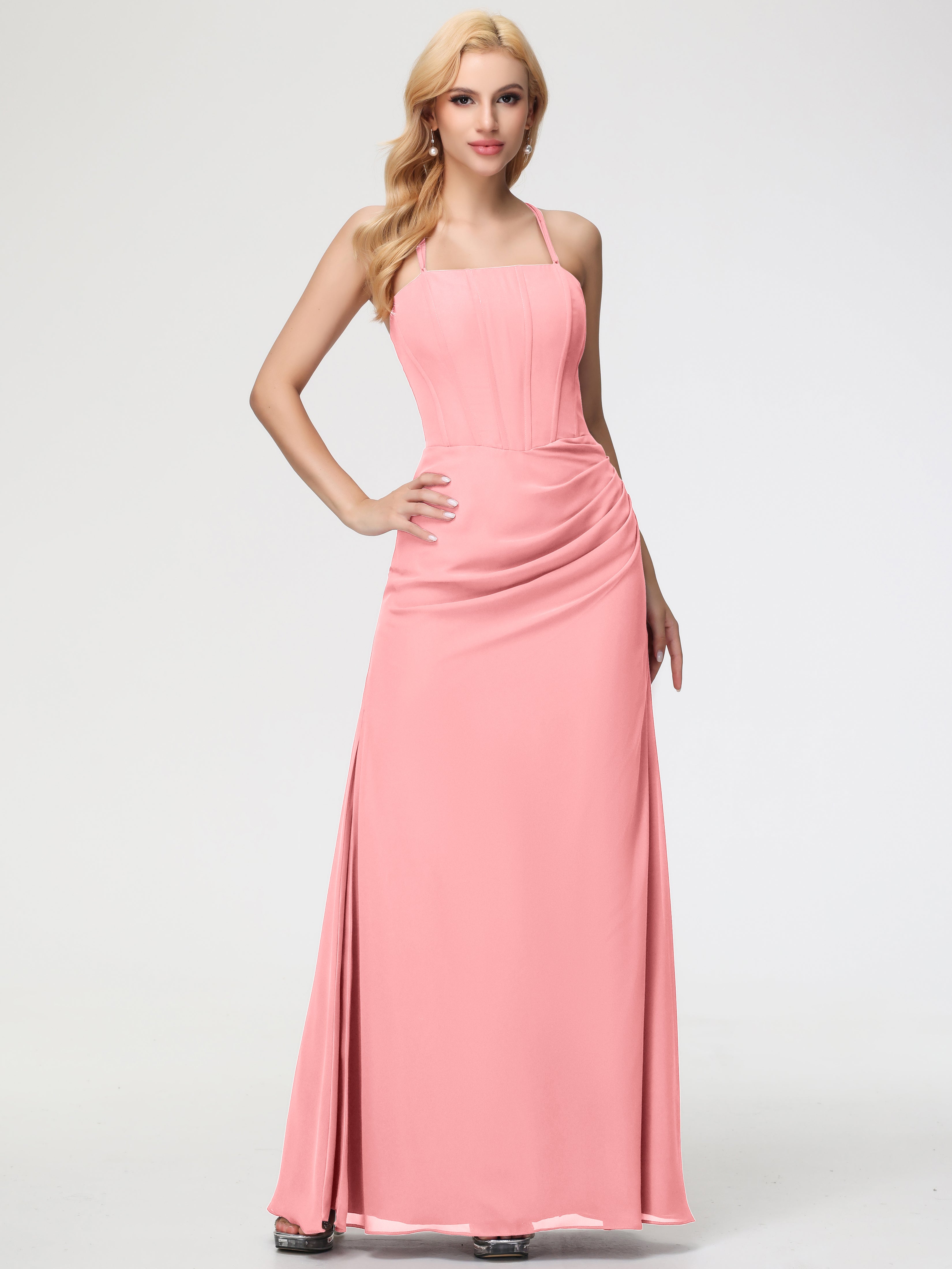 Spaghetti Straps Sheath/Column Long Chiffon Bridesmaid Dresses With Split