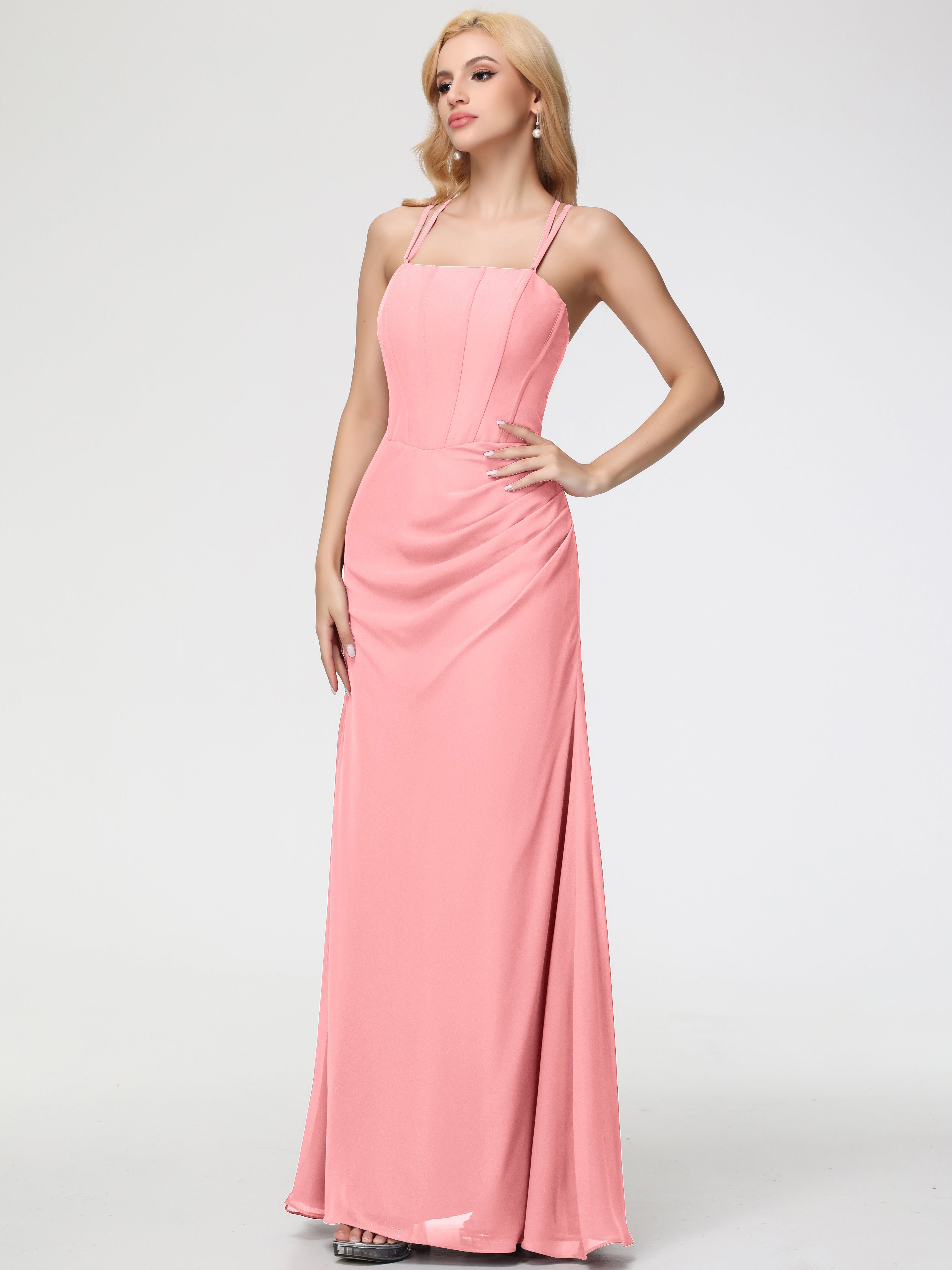 Spaghetti Straps Sheath/Column Long Chiffon Bridesmaid Dresses With Split