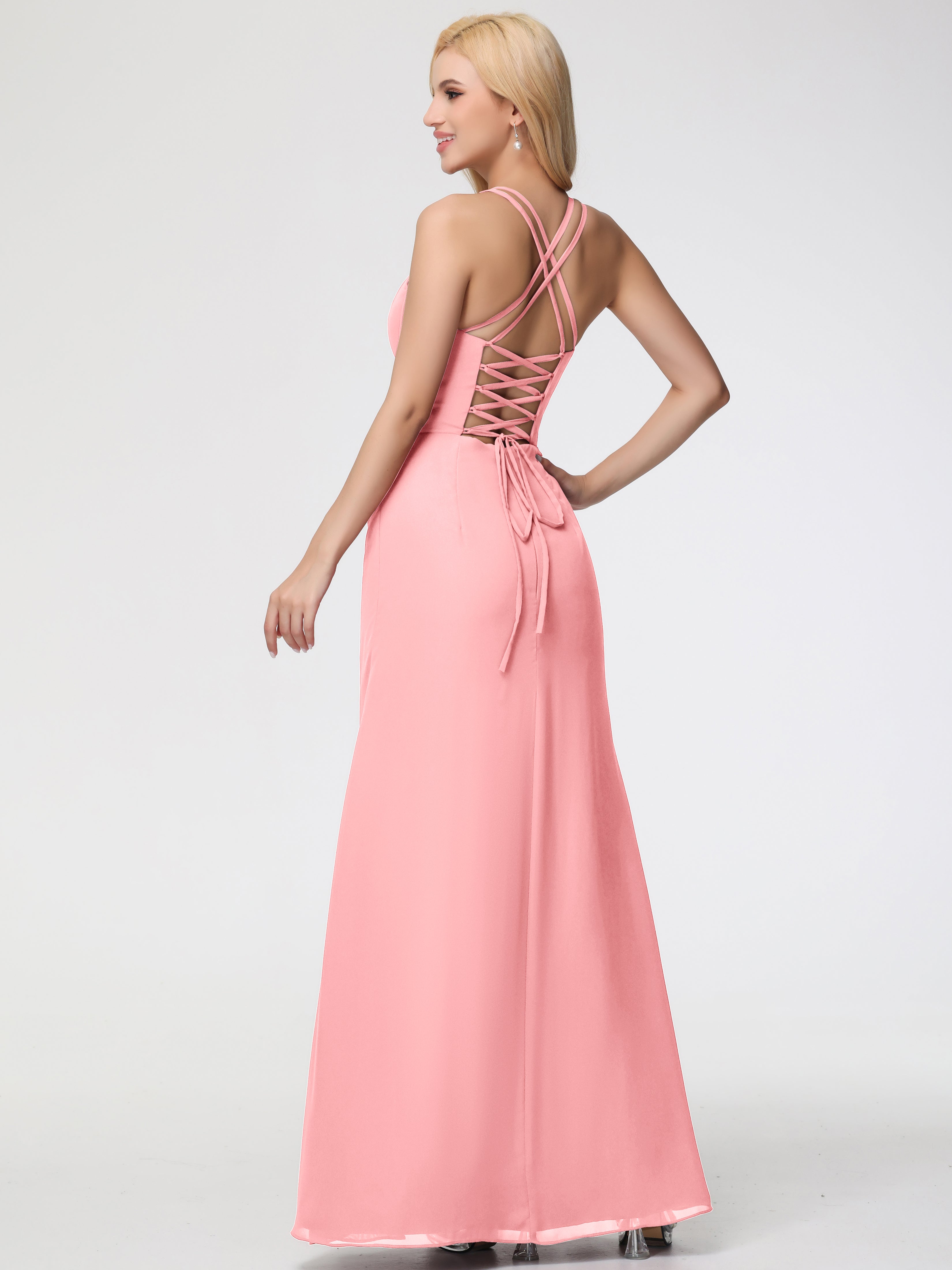 Spaghetti Straps Sheath/Column Long Chiffon Bridesmaid Dresses With Split