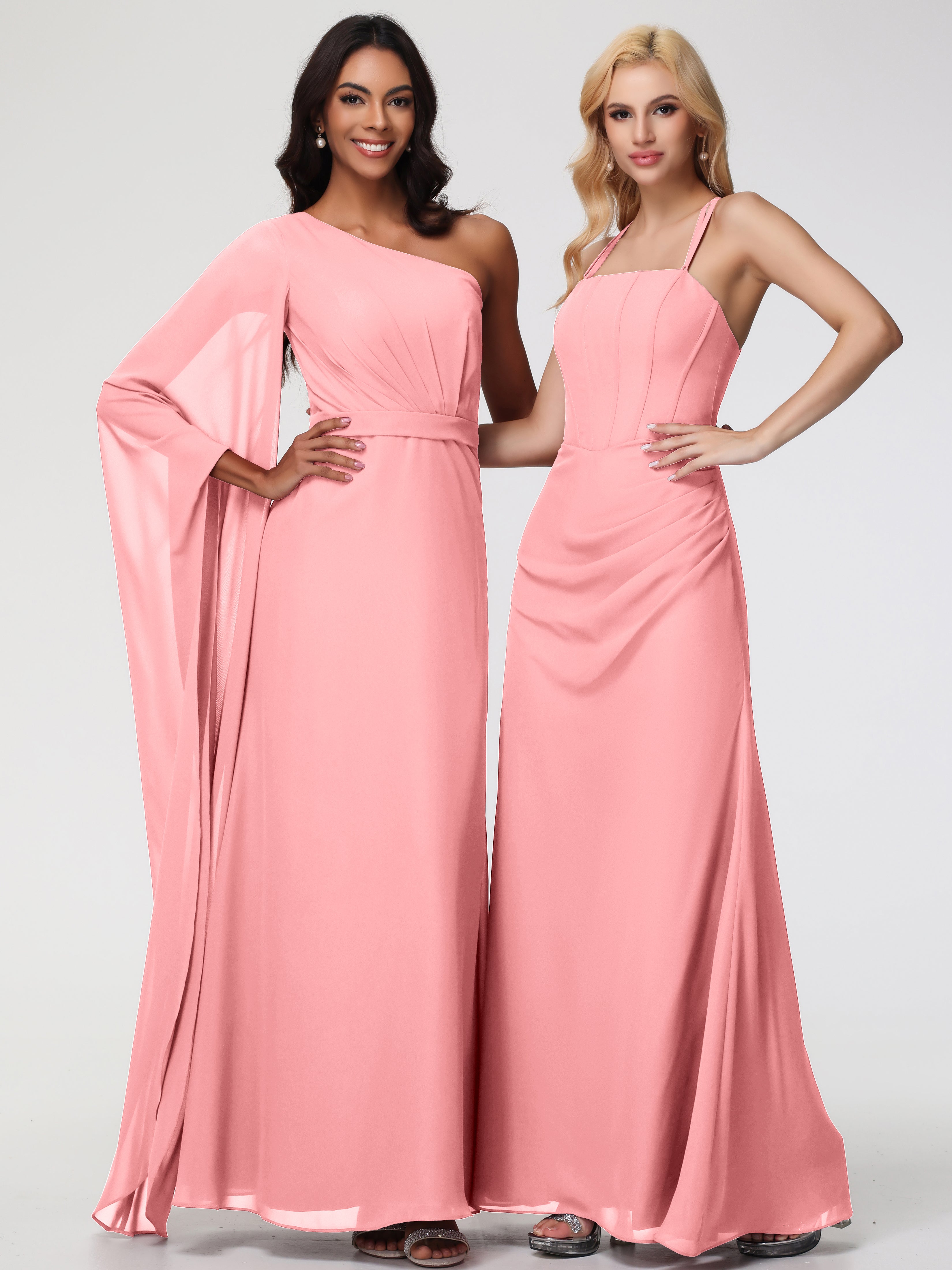 Spaghetti Straps Sheath/Column Long Chiffon Bridesmaid Dresses With Split
