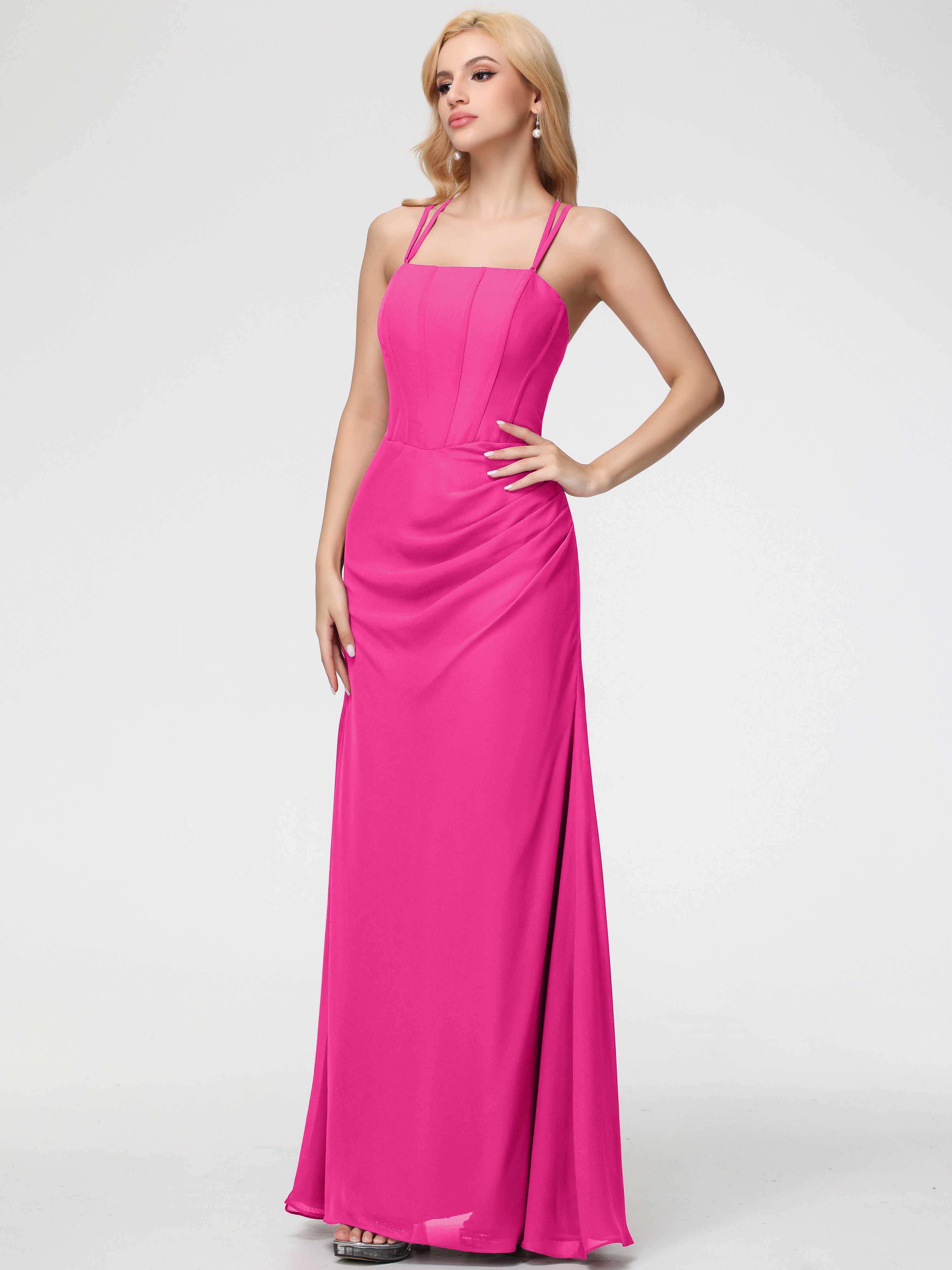 Spaghetti Straps Sheath/Column Long Chiffon Bridesmaid Dresses With Split