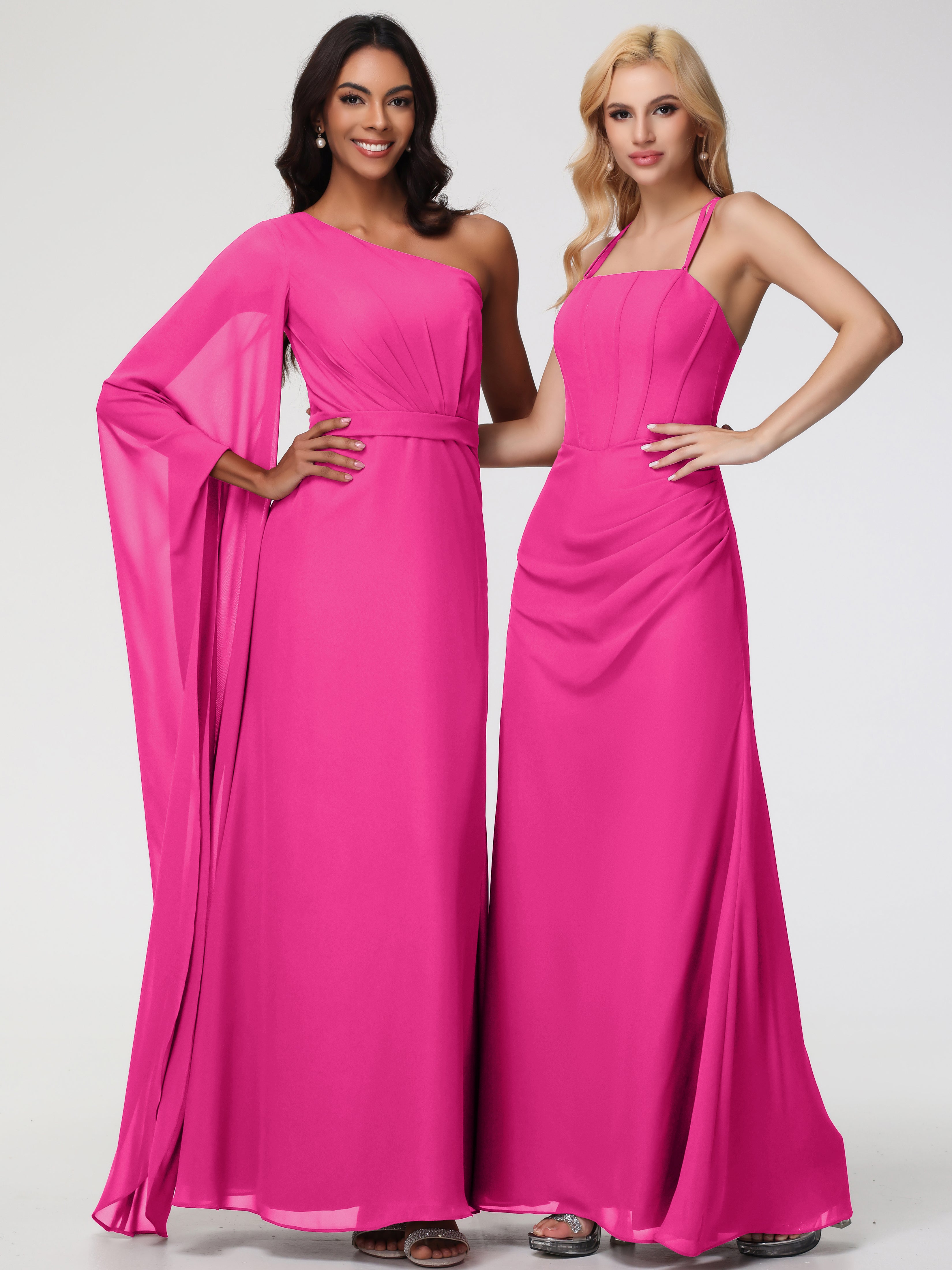 Spaghetti Straps Sheath/Column Long Chiffon Bridesmaid Dresses With Split