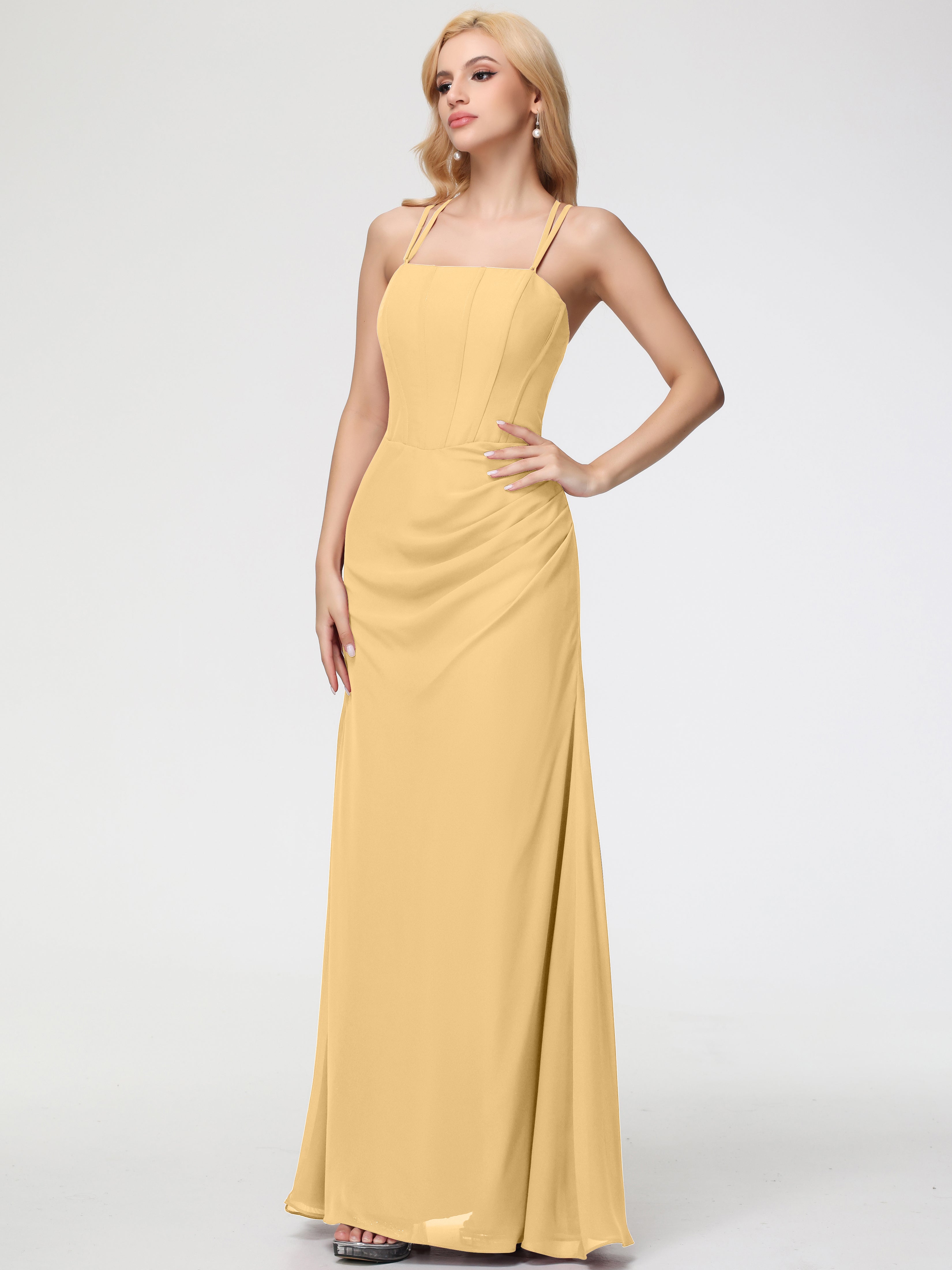 Spaghetti Straps Sheath/Column Long Chiffon Bridesmaid Dresses With Split