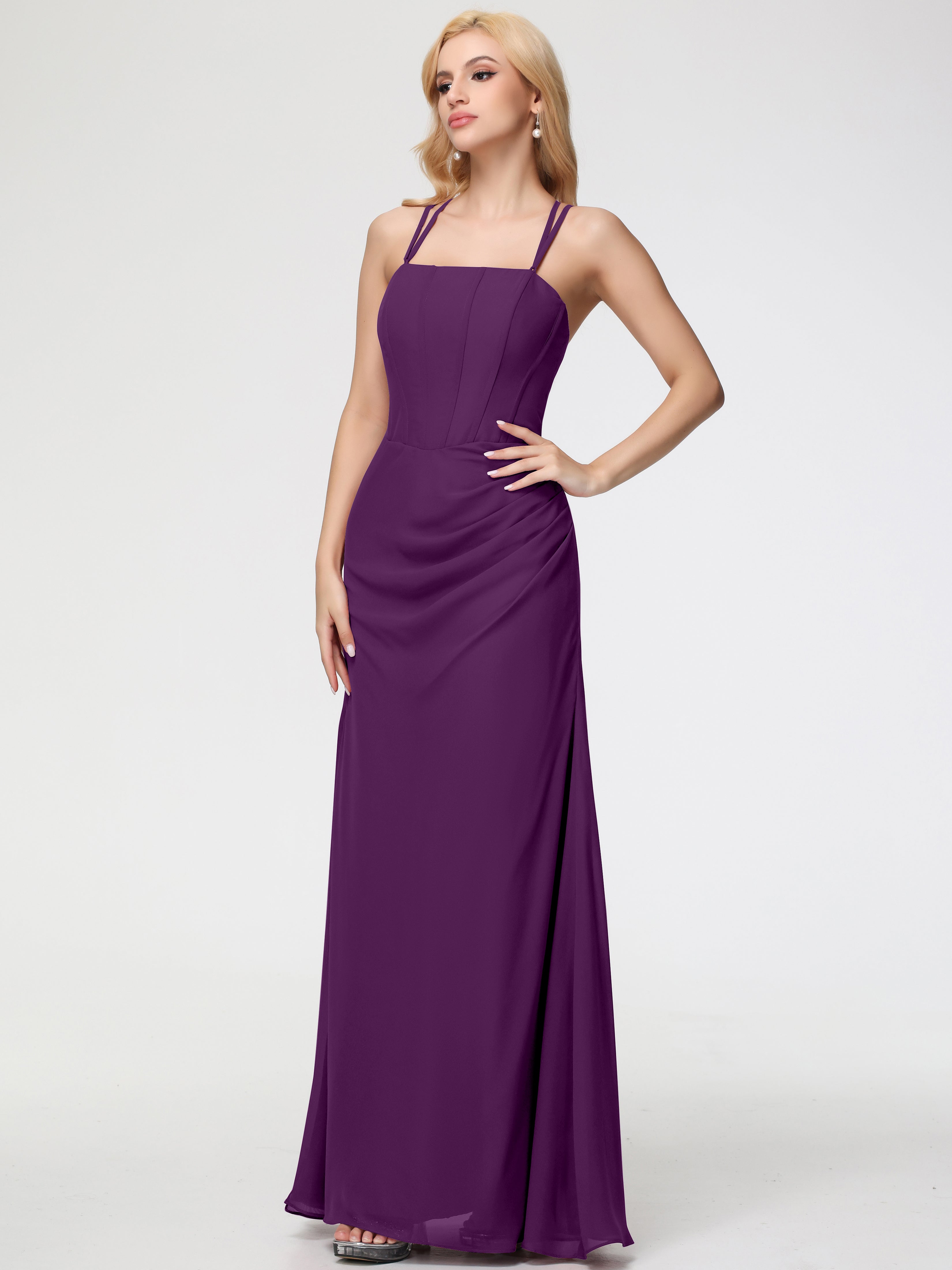 Spaghetti Straps Sheath/Column Long Chiffon Bridesmaid Dresses With Split