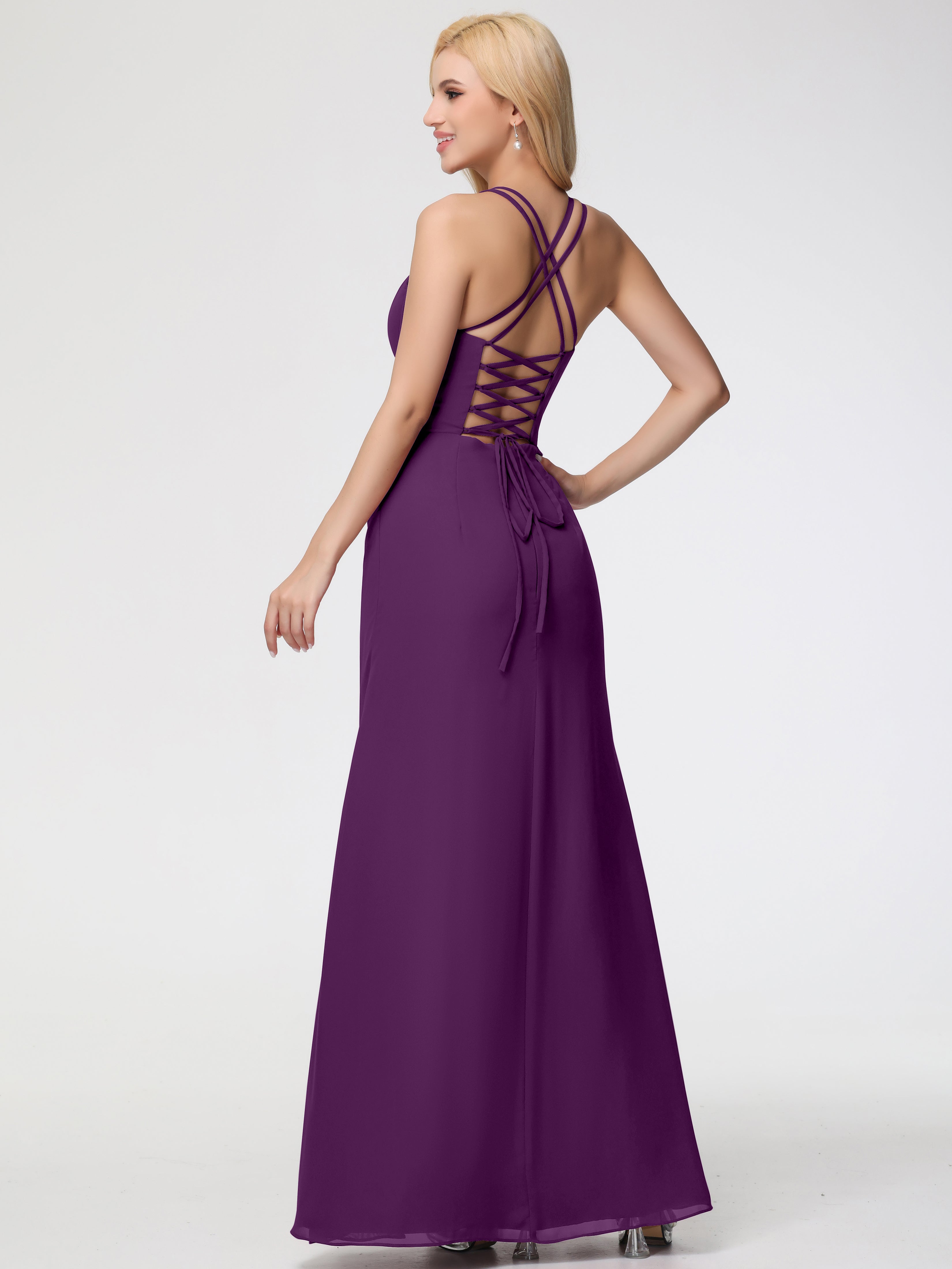 Spaghetti Straps Sheath/Column Long Chiffon Bridesmaid Dresses With Split