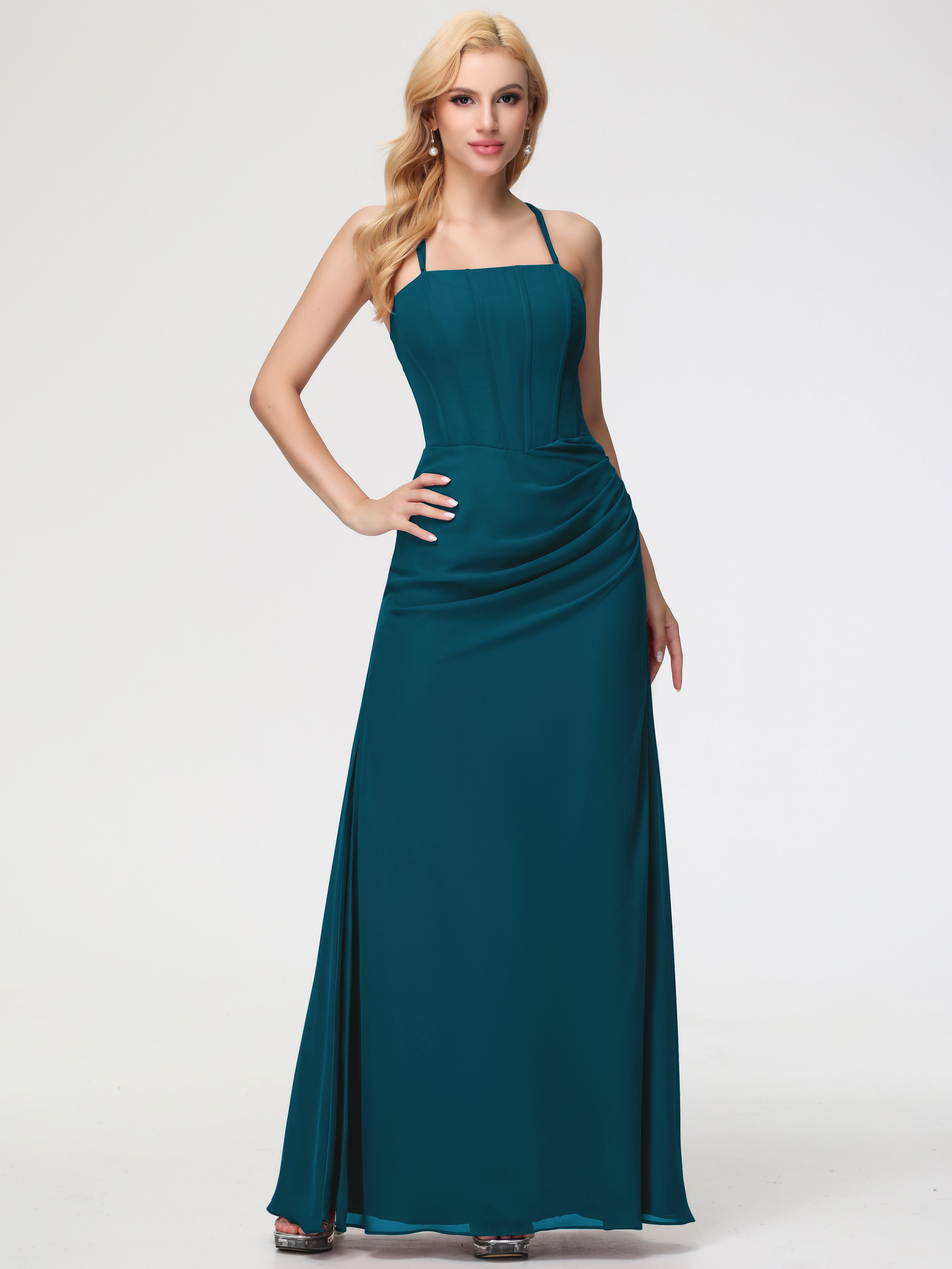 Spaghetti Straps Sheath/Column Long Chiffon Bridesmaid Dresses With Split