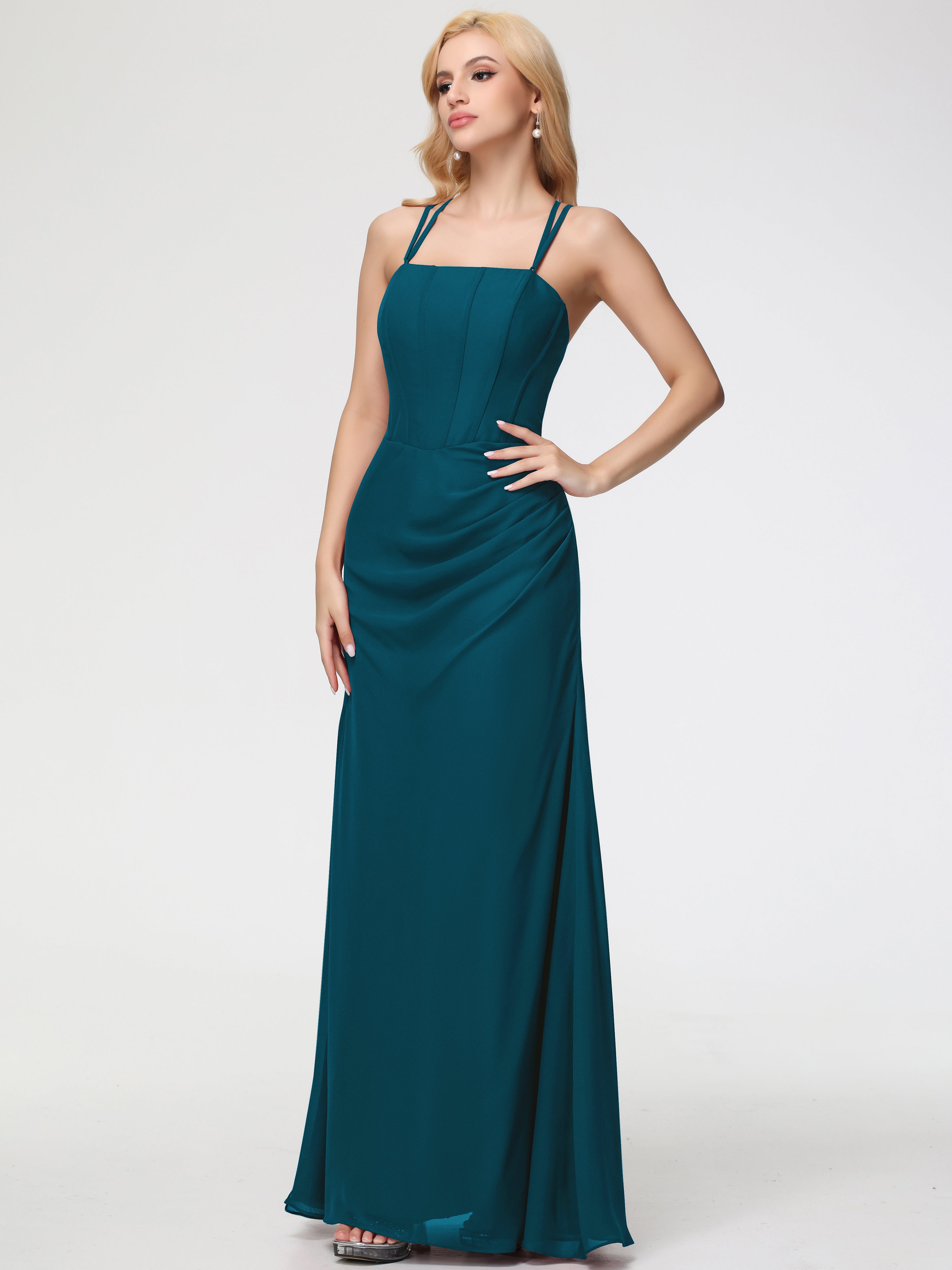 Spaghetti Straps Sheath/Column Long Chiffon Bridesmaid Dresses With Split